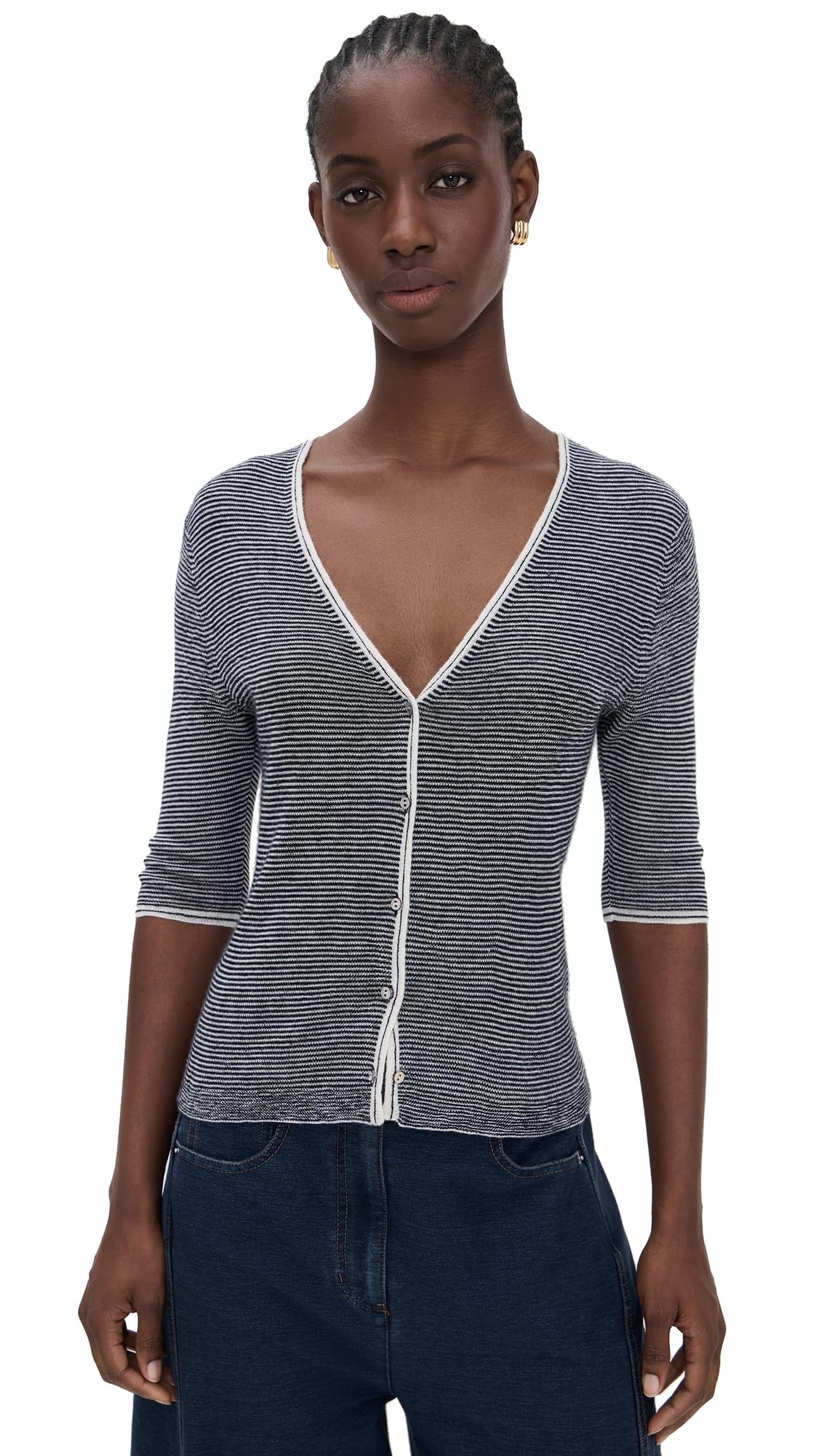 Vince Womens Microstripe V Neck Cardigan