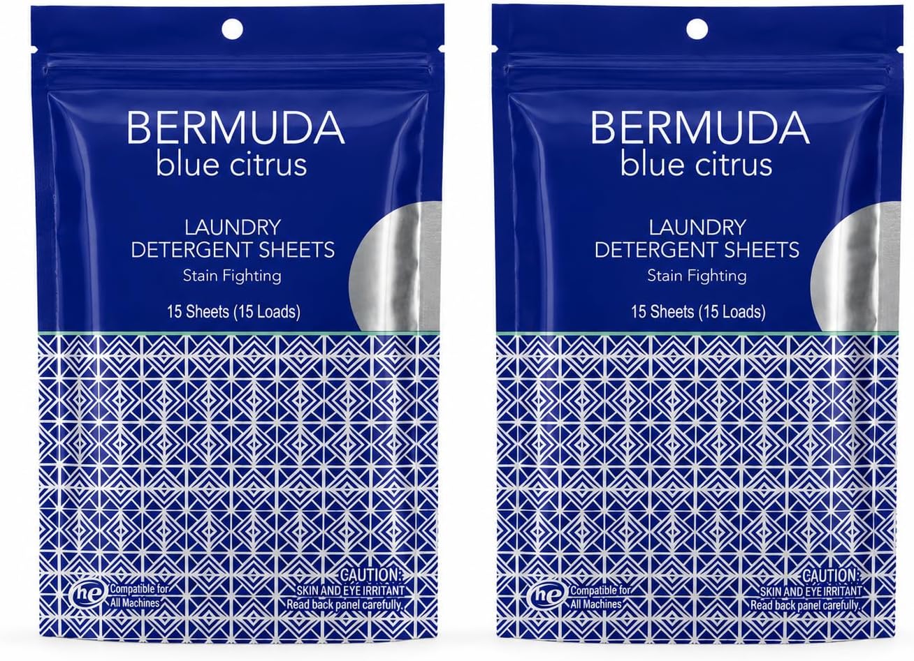 Bermuda Blue Citrus Laundry Detergent Sheets, 2-Pack (30 Total Loads) – Ultra-Concentrated Dissolvable Laundry Soap Sheets, Plastic-Free Alternative, Travel-Friendly, Fresh Blue Citrus Scent