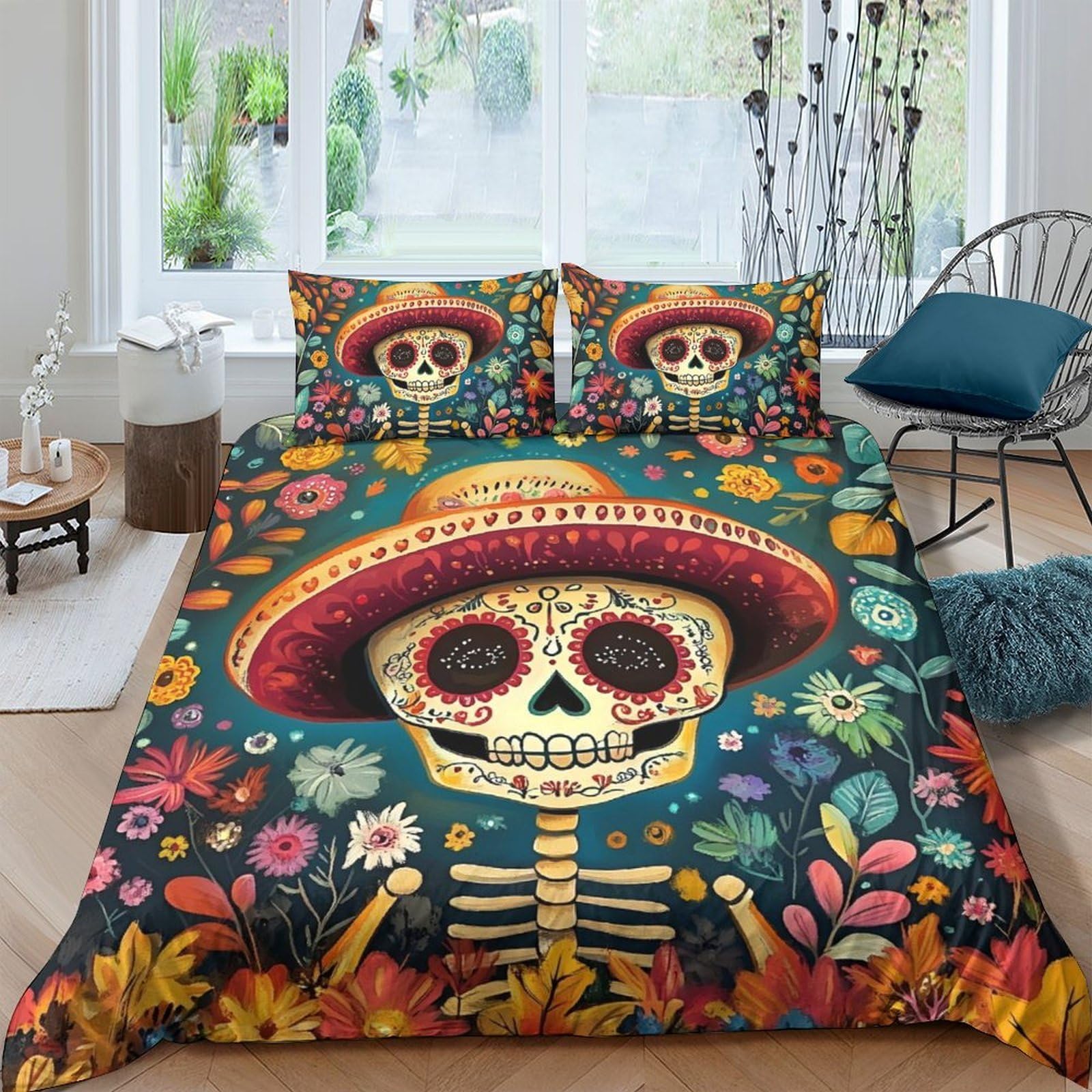Ctjqhvkz Style-2 3D Printed Day Of The Dead Skeleton Fitted Sheet Microfiber Floral Skull Bed Cover For Bedroom Guest Room Decor Single（135X200cm）