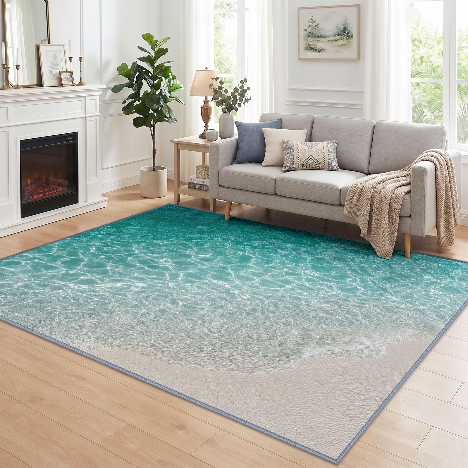 Générique Tapis de Salon 140 x 200 cm Paysage Naturel Lavable en Machine, Tapis Océan Vagues Ensoleillées Antidérapant Doux pour Salle à Manger Cuisine Bureau Couloir Décoration Intérieure
