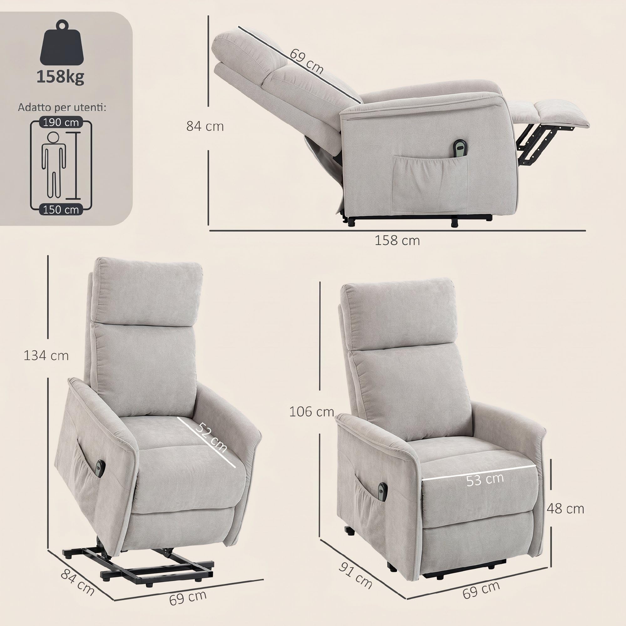 HOMCOM Poltrona Elettrica Alzapersona Reclinabile 155°, Grigio Chiaro | Poltrona Relax Elettrica per Anziani, in Ciniglia con Schienale Alto, Telecomando, Poggiapiedi, Tasche Laterali