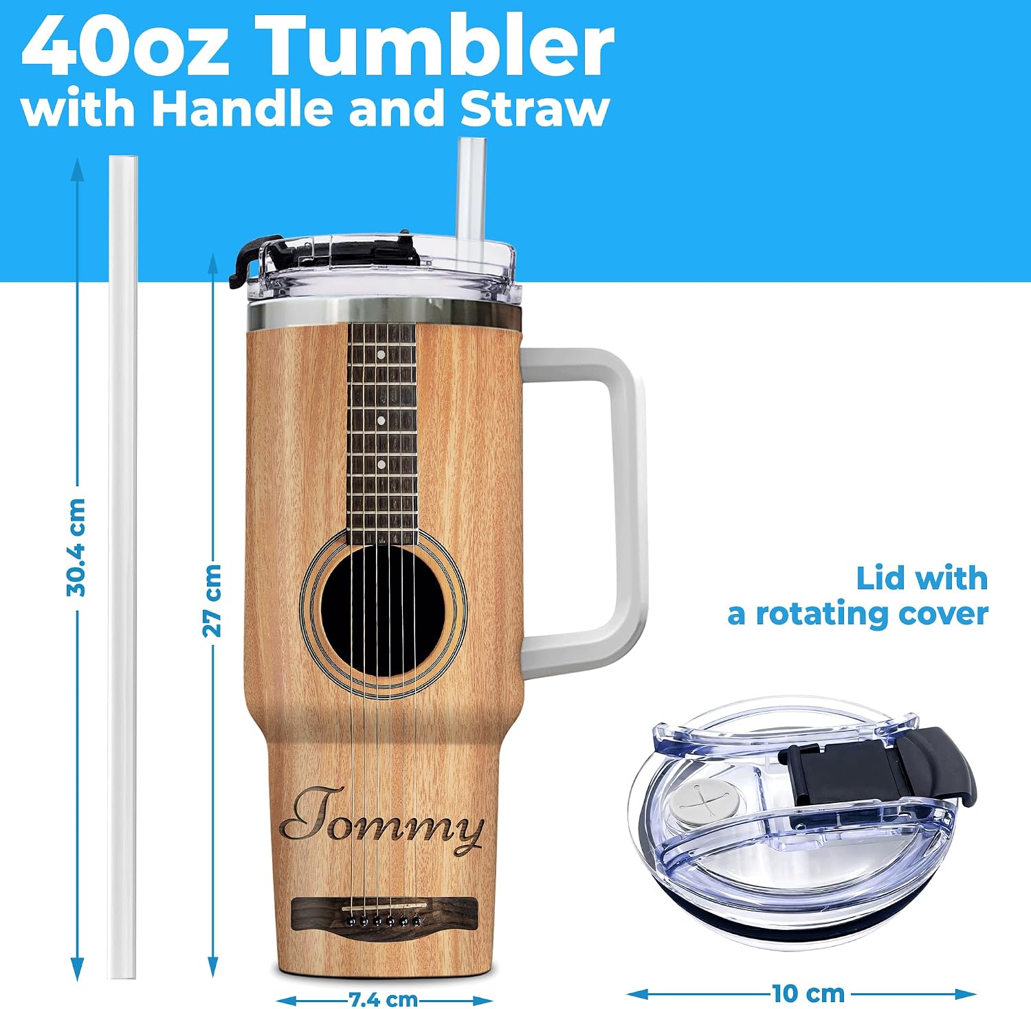 Hyturtle Personalized Guitar Tumbler Guitarist Tumbler 40oz with Handle and Straw - Stainless Steel Travel Coffee Cup With Lid for Men Women Musician Birthday Christmas Gift Travel Cup Coffee Mug