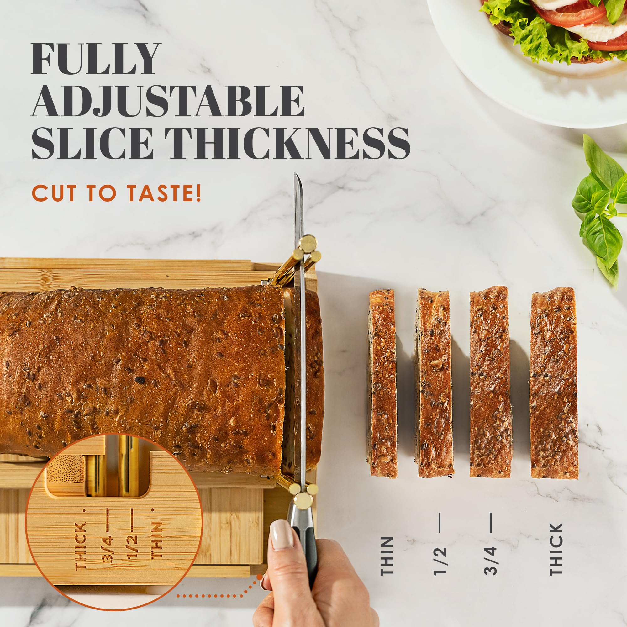 DITTO 2.0 Bambus-Brotschneider für hausgemachtes Brot, 16,5 cm breit, verstellbarer Brotschneider, schneidet gleichmäßige Scheiben, 4 Dickenoptionen, funktioniert mit Brötchen, Bagels – inkl.