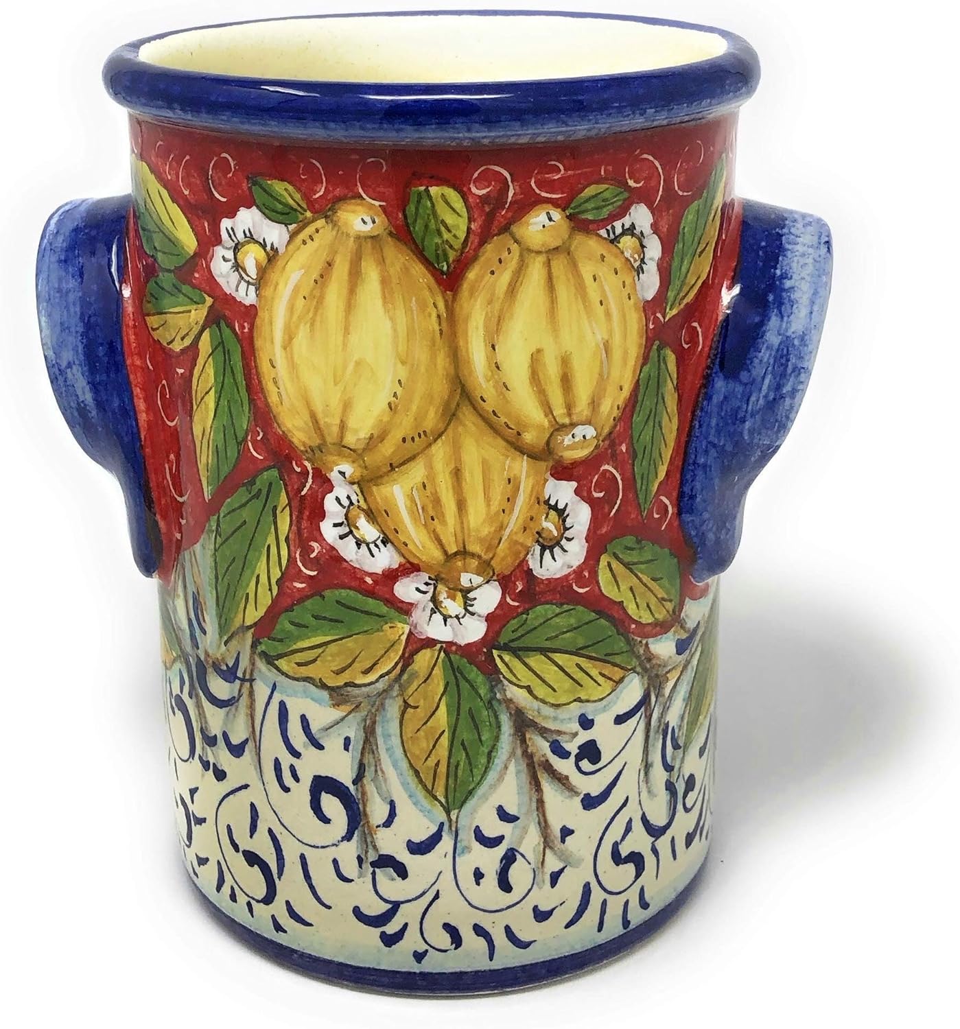 CERAMICHE D'ARTE PARRINI- Italian Ceramic Utensil Holder Wine Bottle Hand Painted Made in ITALY Decorated Three Lemons Tuscan Art Pottery