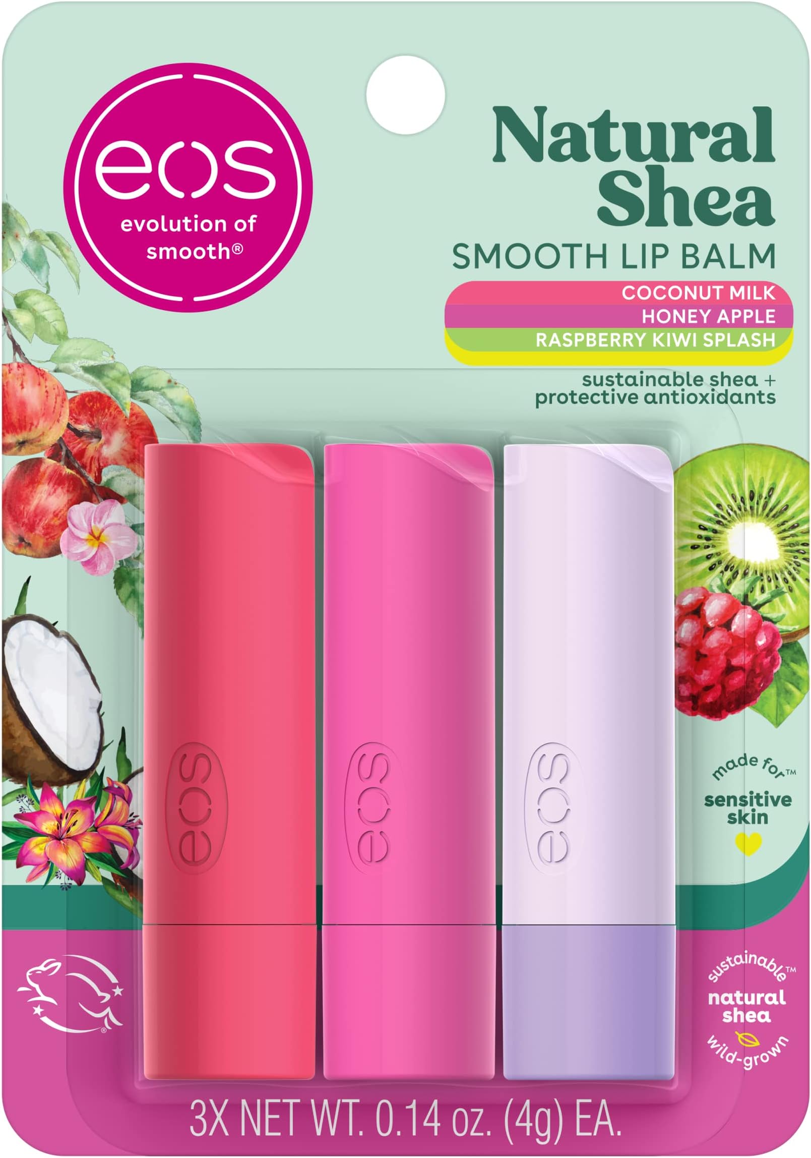 Natural Shea Lip Balm, Honey Apple, Coconut Milk & Raspberry Kiwi Splash, All-Day Moisture, Lip Care Products, 0.14 oz, 3-Pack