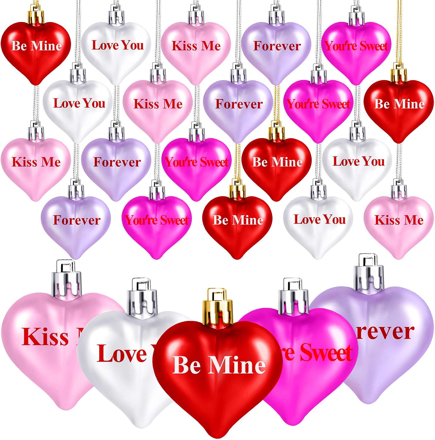 Aneco 25 Pack Heart Shaped Baubles Hanging Ornaments Valentine's Day Candy Conversation Hearts Assorted Colors for Wedding and Home Decorations