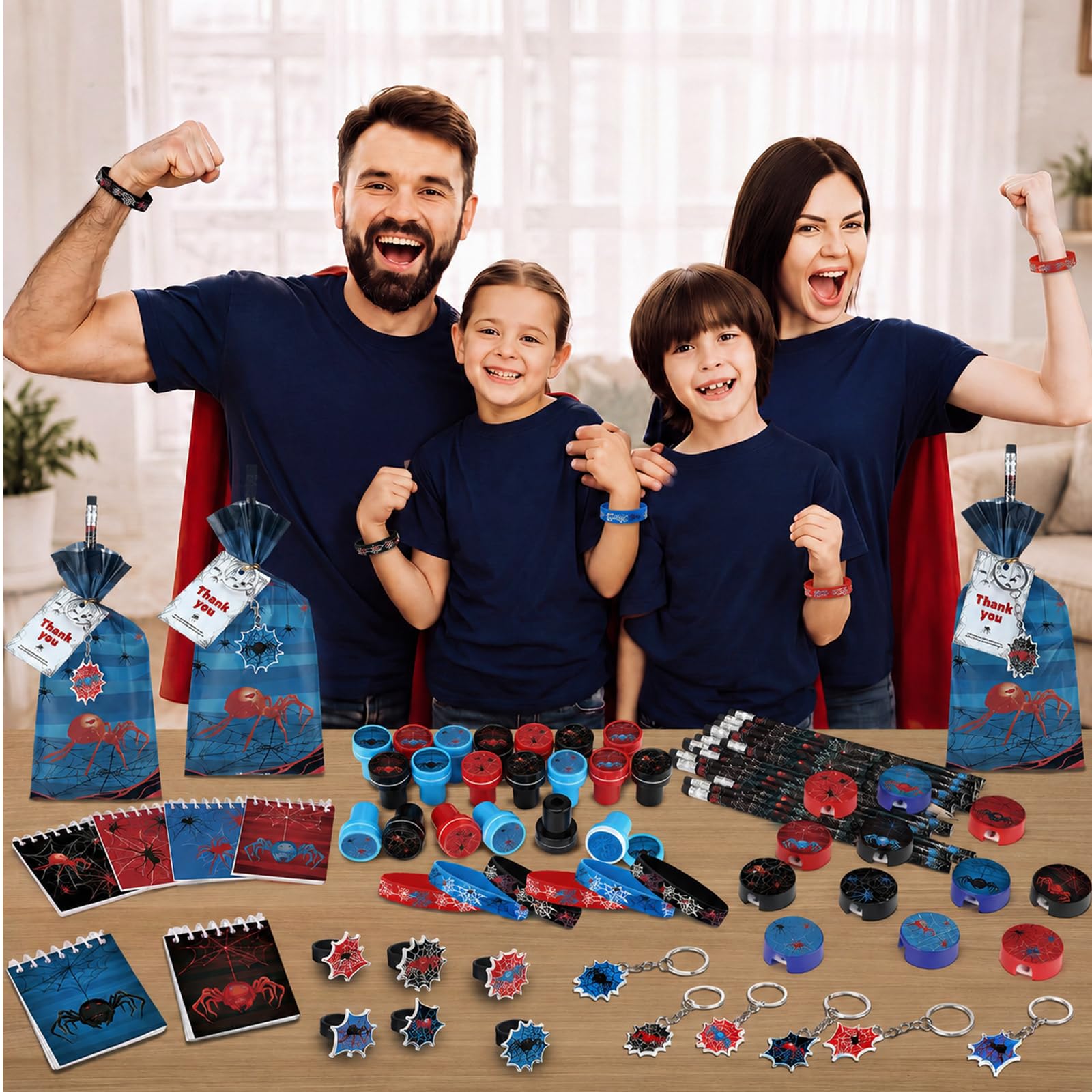 Sayglossy 251 pezzi 20 ospiti Spider Party Favors include sacchetti regalo matita notebook temperamatite braccialetto anelli portachiavi adesivi gonfi timbro per baby shower festa di compleanno