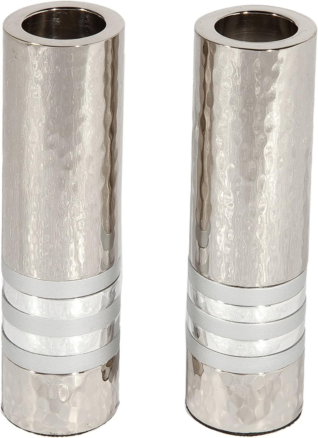 Yair Emanuel - Hammered Nickel Cylinder Candlesticks - Silver Rings - Shabbat and Yom Tov (CSO-4)