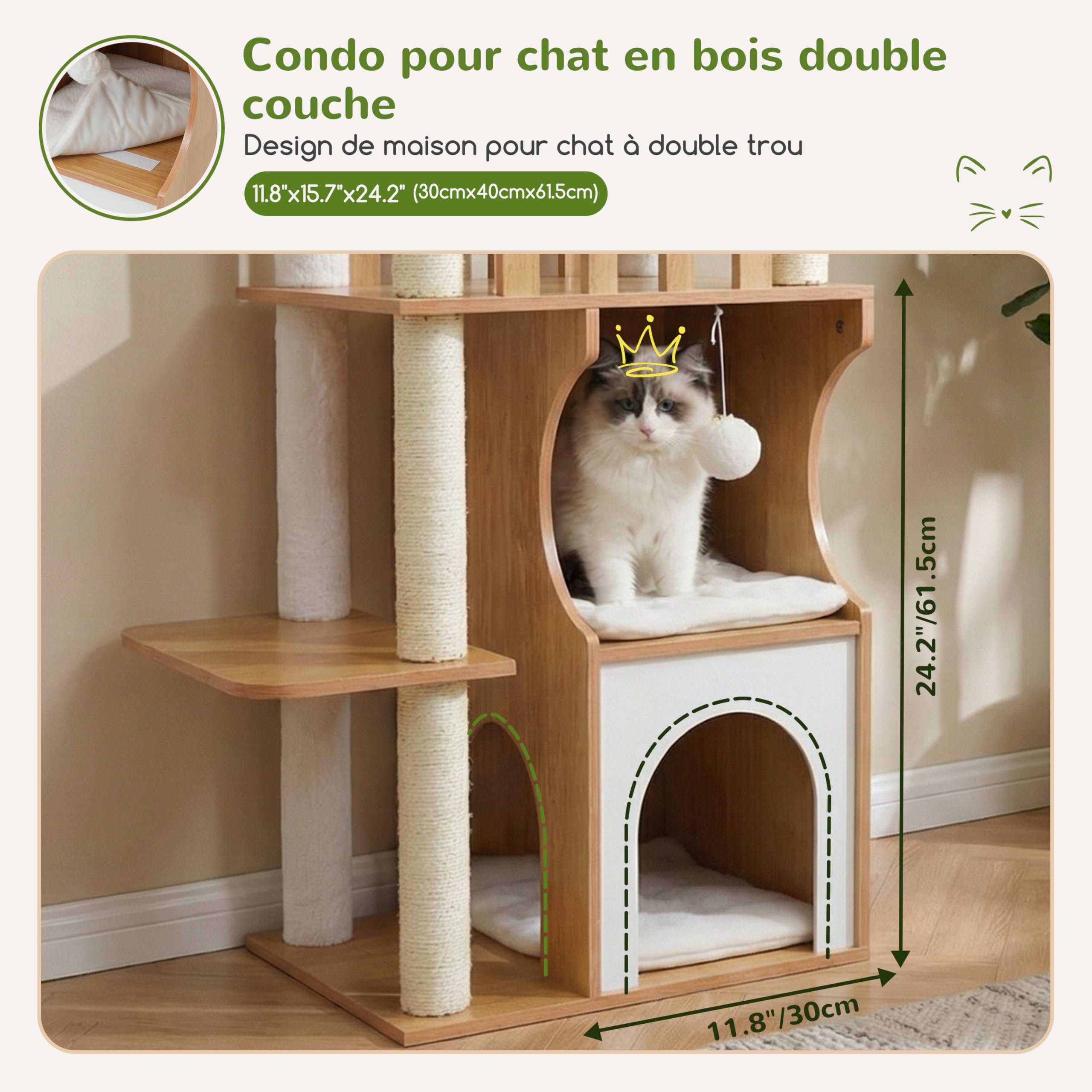 Gitelsnour Arbre à Chat Maine Coon, 180 cm Tour de Jeux pour Chats Adulte, Tour Chat Moderne avec Niche à Chat en Bois à Deux étages, 2 Plateformes, Hamac et Poteaux à Griffer, Noyer GCT102WB