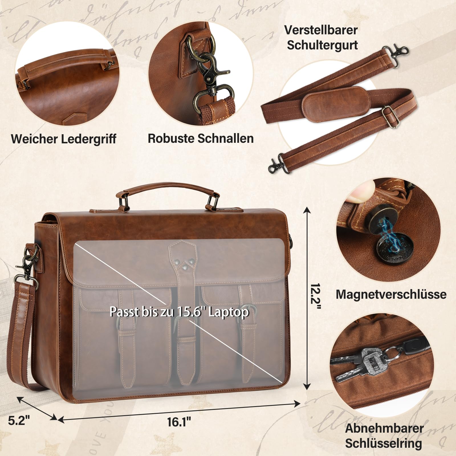 RAINSMORE Bolso Bandolera Hombre Cuero Bolsa de Mensajero Maletin Vintage 15.6 Pulgadas Marrón
