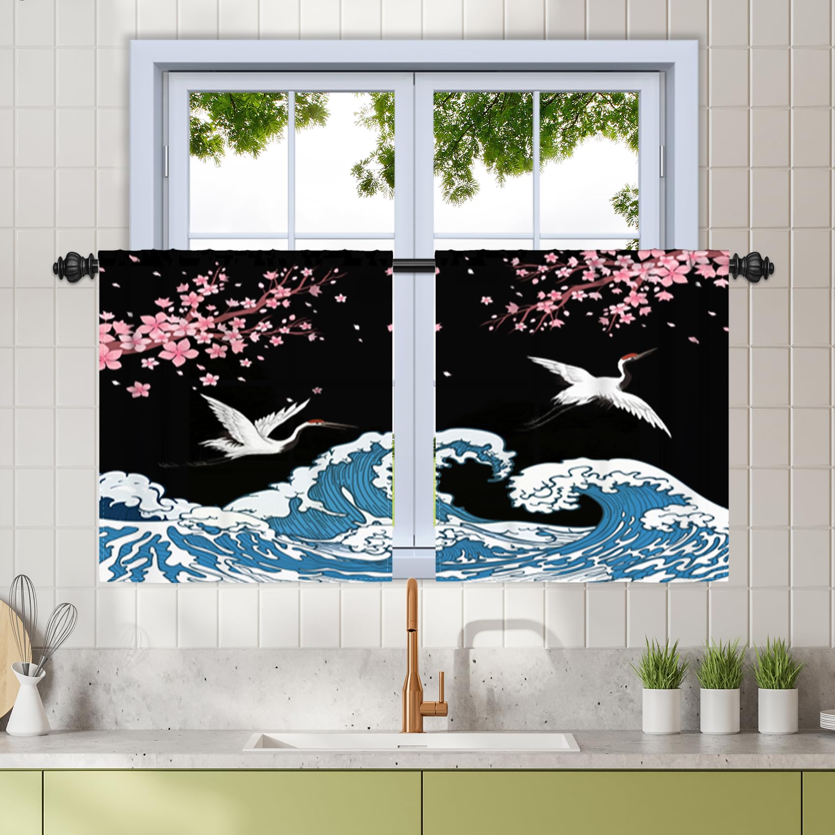 Rideaux imprimé japonais motif grue et fleurs de cerisier 66x91
