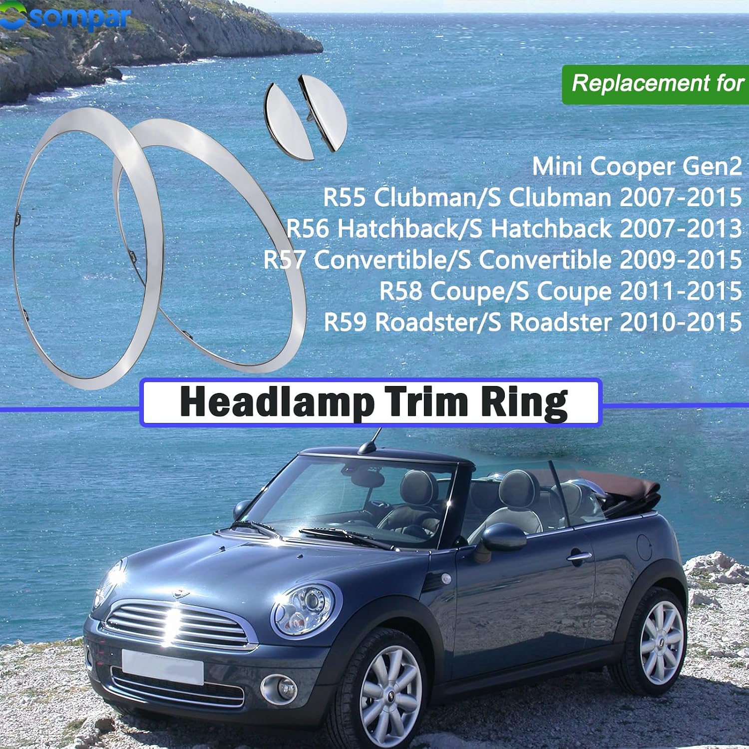 Osompar Headlight Trim Ring with Headlight Washer Cover Flap Compatible with MINI Cooper R55 R56 R57 R58 R59 2007-2015 Replaces 61672752559 61672752560 Headlamp Bezel Chrome 1Pair