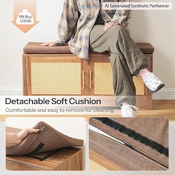 HOOBRO Faux Rattan Shoe Storage Bench with Cushion, Boho Entryway Bench with 2 Doors and Adjustable Shelves, Pet-Proof Hidden Shoe Cabinet for Hallway, Living Room, 39.2 L, Natural, CE53HX01
