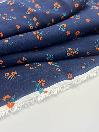 Navy Floral Cotton Viscose Fabric for Summer Sewing, Lightweight and Breathable