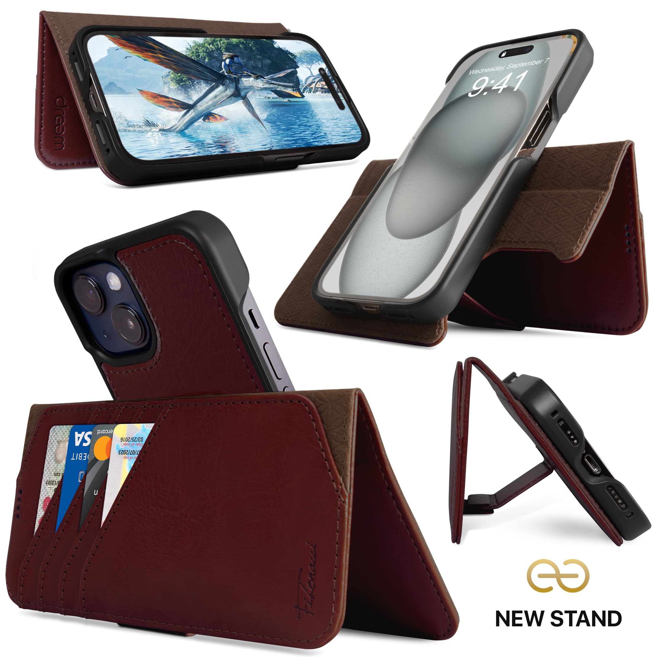 dreem Coque pour iPhone 15, Étui de Téléphone Révolutionnaire avec Support, en Cuir Végan, Coque Magnétique Détachable, Protection RFID, Boîte-Cadeau (Café) - 3