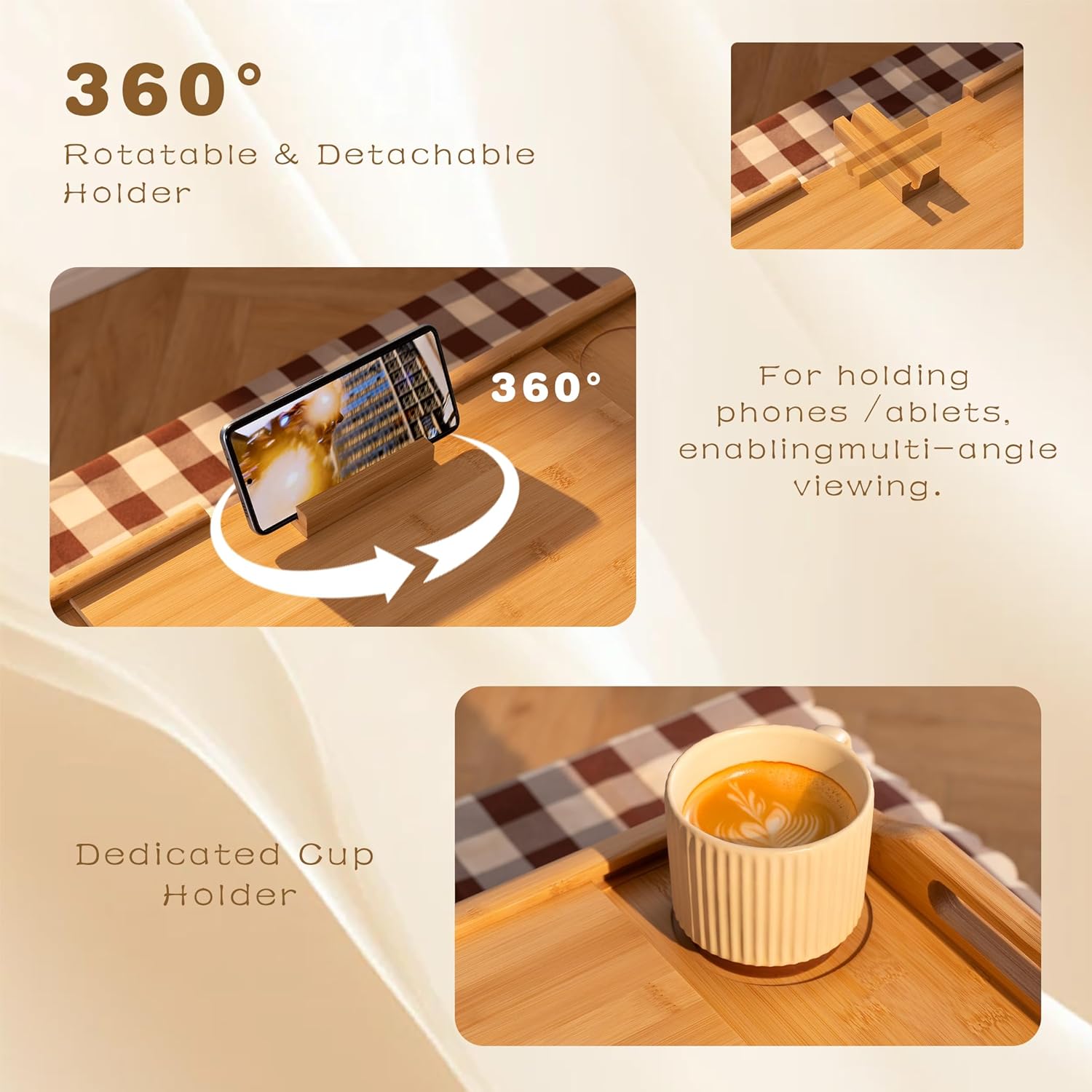 Lavievert Expandable & Height Adjustable Bed Tray Table with 360° Rotating Phone Holder, Bamboo Breakfast Food Serving Tray, Portable Laptop Desk Snack Platter with Handles & Foldable Legs for Bedroom