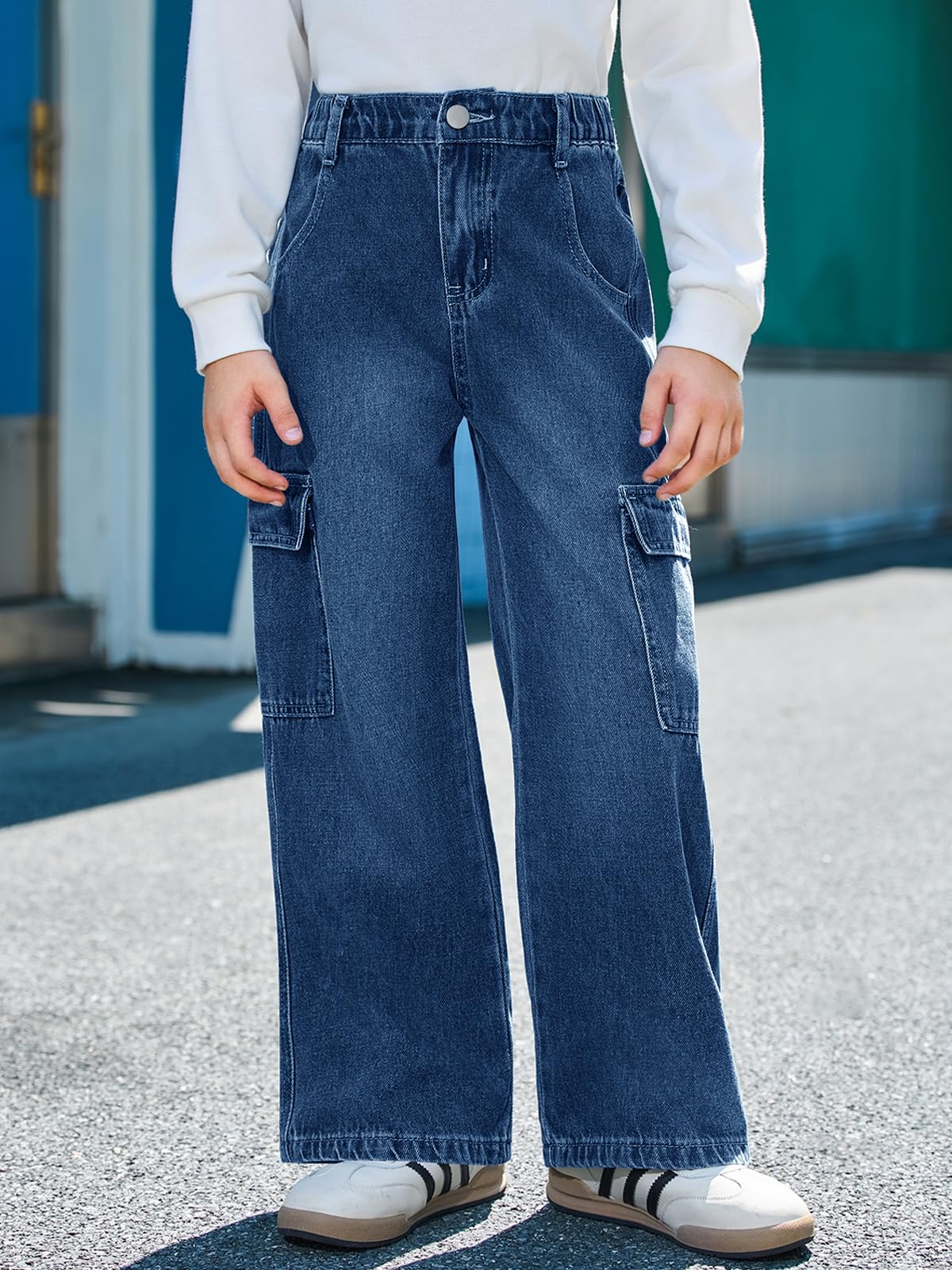 Haloumoning Jeans cargo per bambini larghi con elastico in vita pantaloni in denim a gamba larga con tasche 5-14 anni