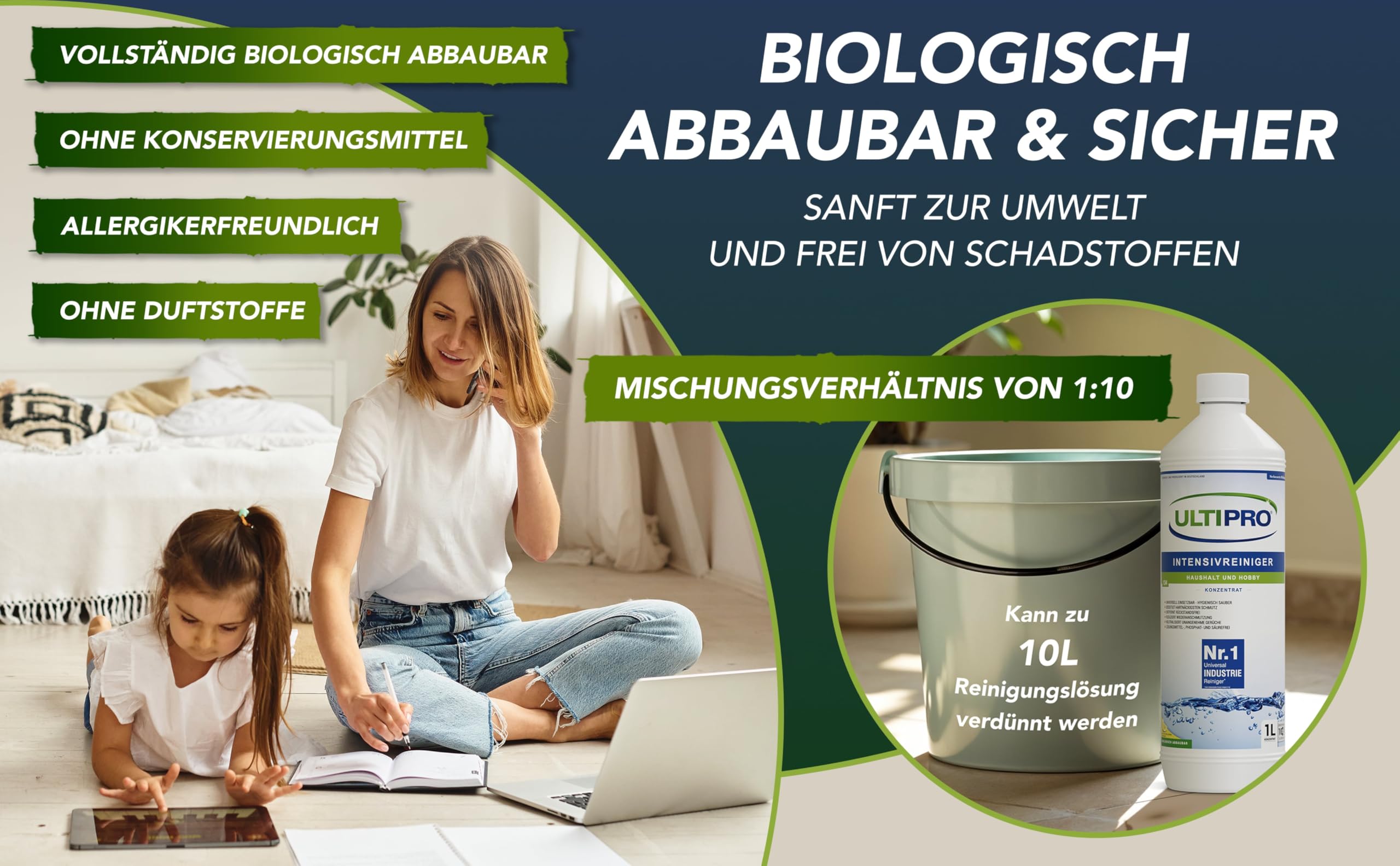 Universalreiniger gebrauchsfertig 5 Liter Intensivreiniger & Fettentferner für Küche, Teppich, Fassade, Auto-Sitze; kraftvoll gegen Fett & Schmutz für alle Oberflächen + 4× 500ml Leersprüher – Ultipro