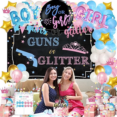 Miniatura 7 de Decoraciones de Revelación de Género Armas o Brillantina, 169 Piezas Decoraciones de Revelación de Género Niño o Niña What Will Baby Be Telón de