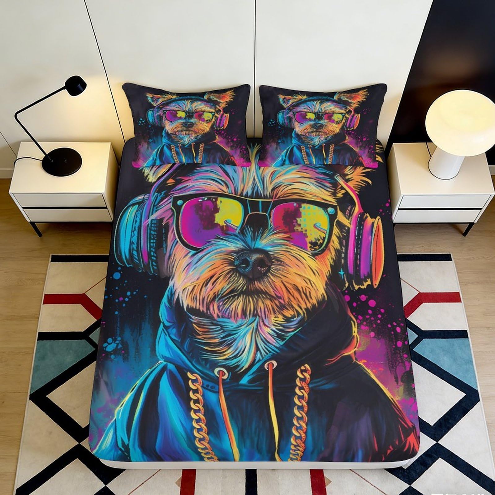 3D Printed Cool Dog Fitted Sheet Microfiber Vibrant Neon Headphones Mattress Cover for Bedroom Dorm Decor 90x200x25cm