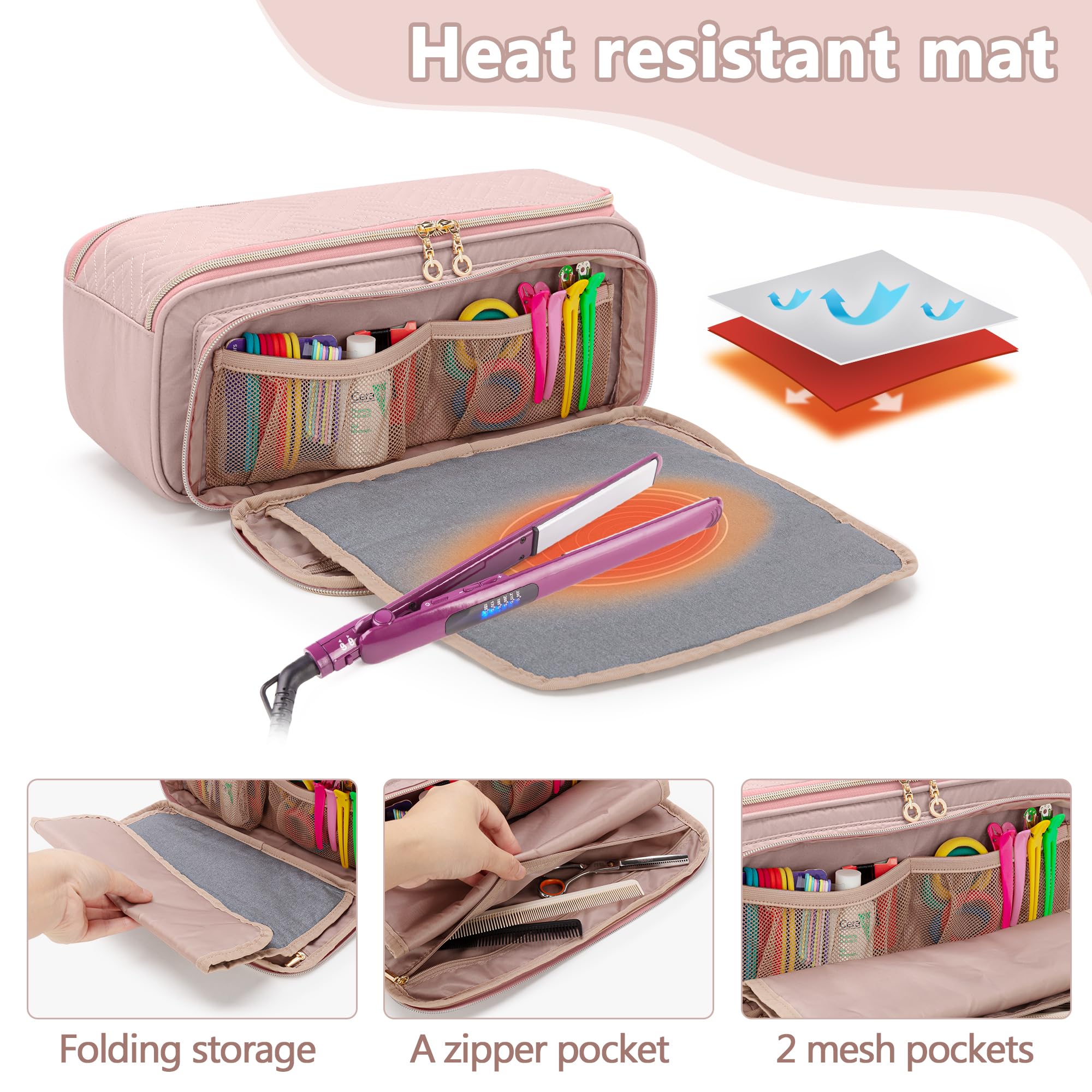 YARWO Bolsa Viaje para Herramientas para el Cabello con Estera Resistente al Calor, Bolsas Organizadoras para Herramientas de Peluquería Compatible con Planchas para el Pelo, Styler y Accesorios, Rosa