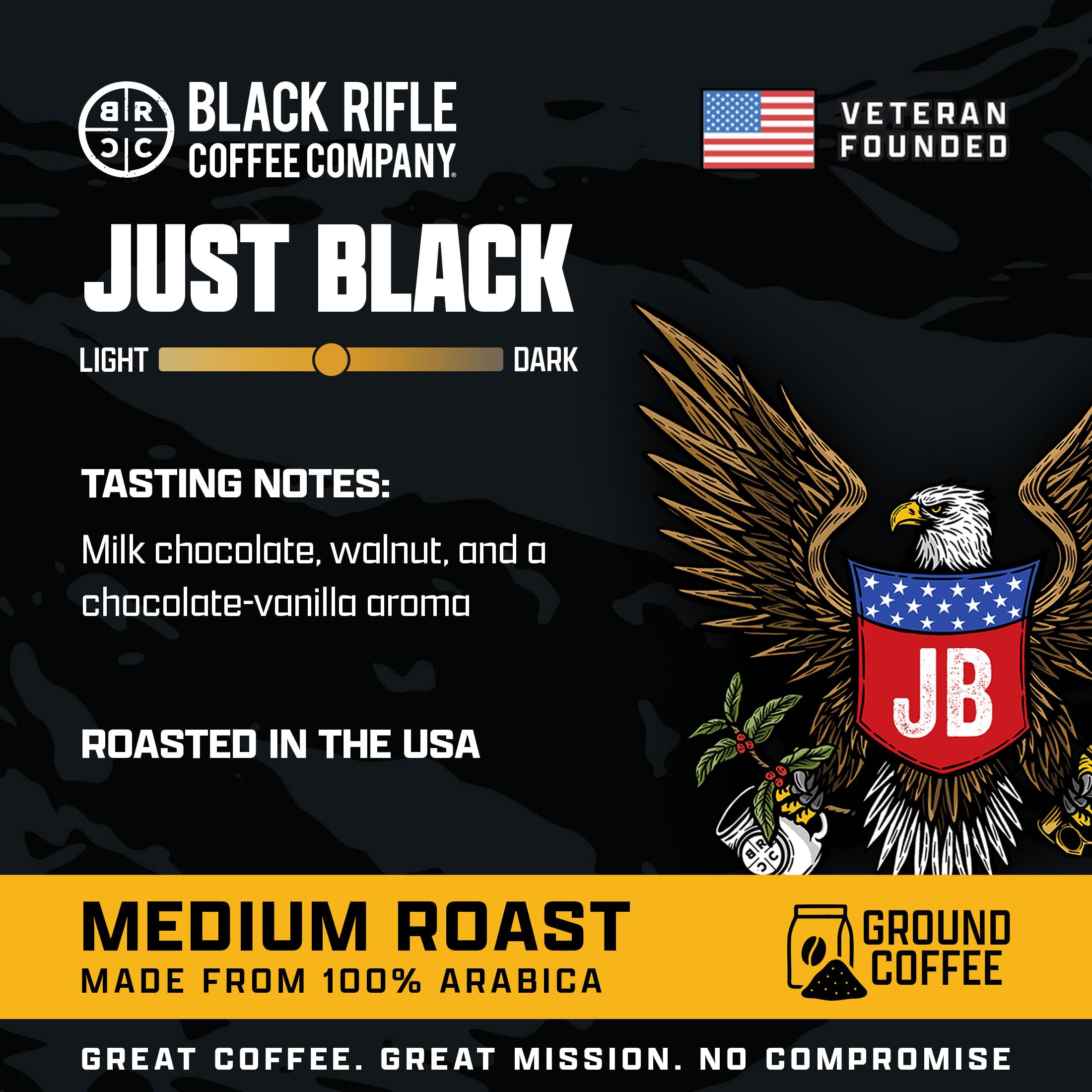Black Rifle Coffee Company Just Black, 530 ml Beutel, gemahlener Kaffee, mittelgeröstet, geröstete Mischung aus Arabica-Bohnen, kolumbianische und brasilianische Bohnen, von Veteranen gegründet und