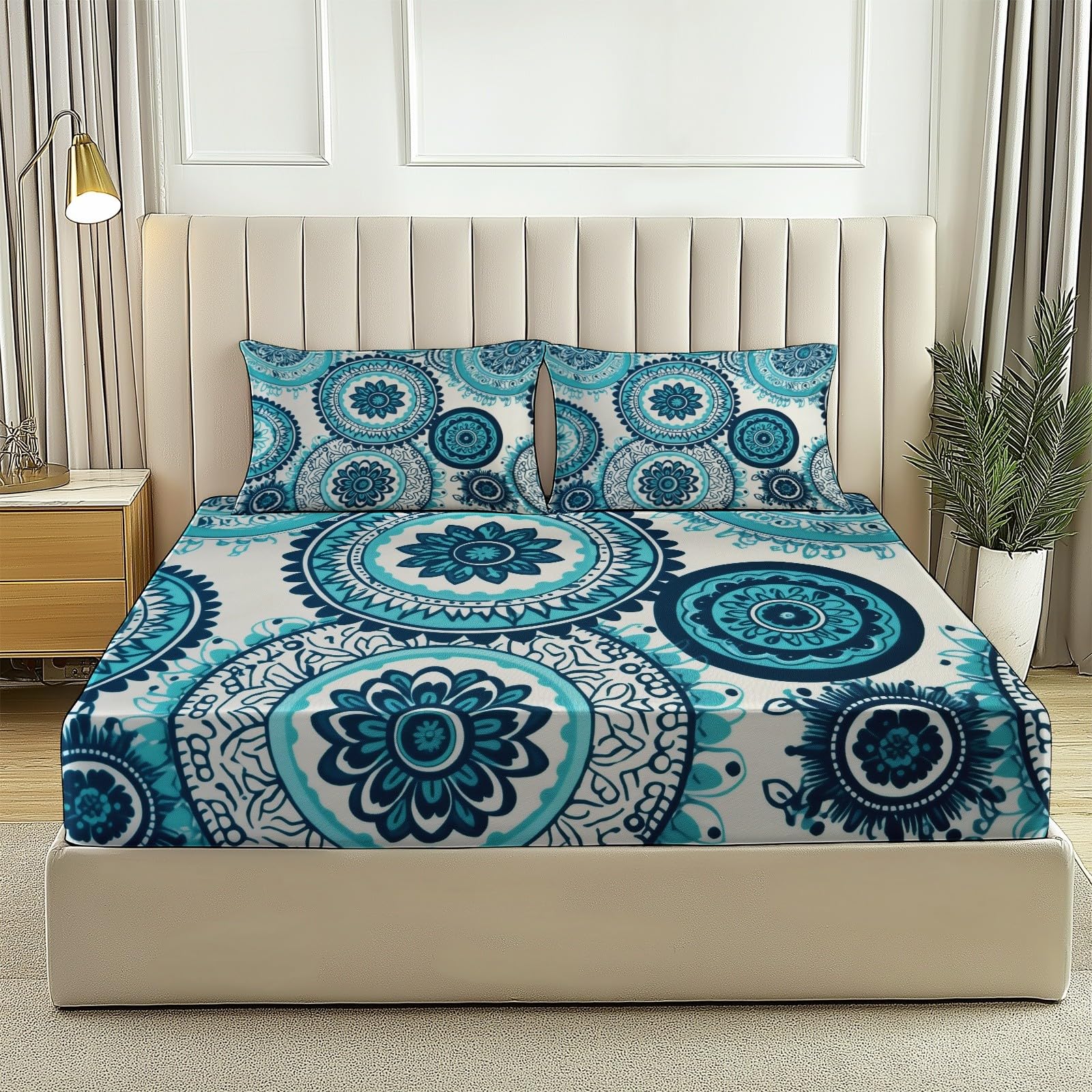 Fitted Sheets 180 x 200 Weiche Luxus Microfaser Böhmisches Mandala Blaugrün Blau für Kinder & Erwachsene, Bedrucktes Spannbettlaken Bettlaken Set,Geeignet für Matratzen bis 31cm Blaugrün Blau Weiß