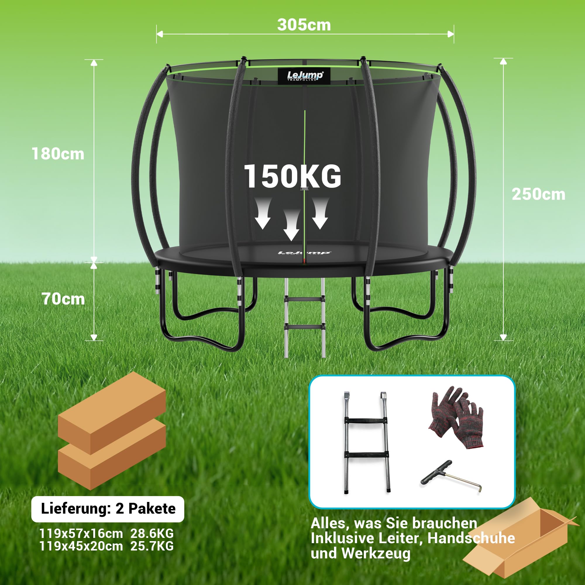 LeJump 235/305/366 cm Outdoor Trampolin für Kinder und Erwachsene, großes Garten-Trampolin mit Netz und Leiter, GS-zertifizierte Trampoline, Tragfähigkeit 150 kg