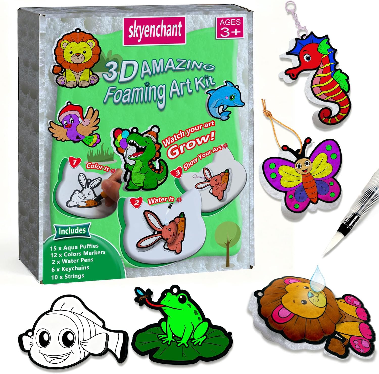 skyenchant Aqua 3D Puffy Art Kit for Kids, Paint by Number Craft with Inflatable Animals, Creative Gift for Girls & Boys Ages 4-10, Christmas Birthday Stocking Stuffer (Animal World)