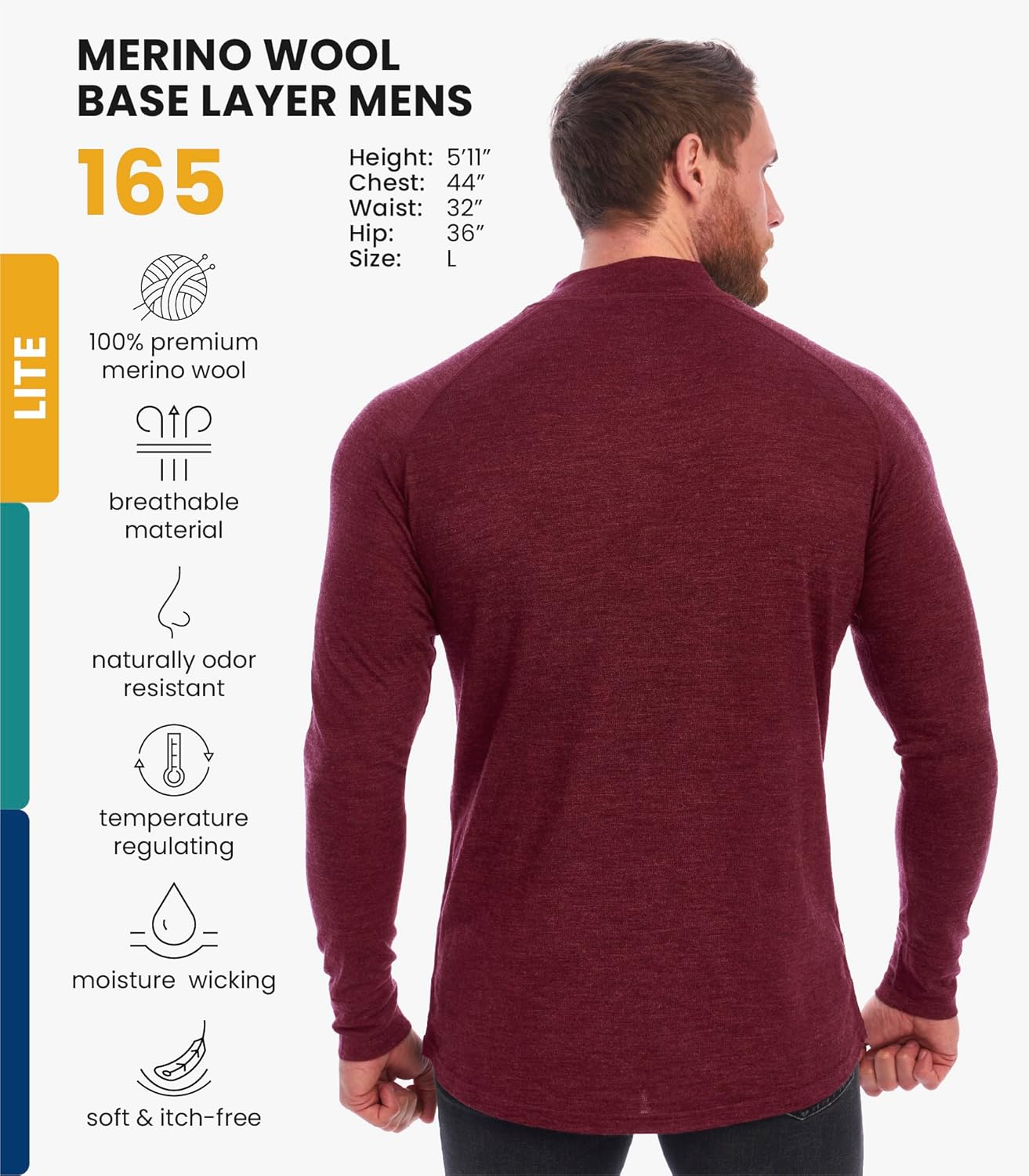Merino Wool Base Layer Mens - Wool Half Zip Sweater Men - Merino Quarter Zip Sweater Lite, Midweight, Heavyweight and Socks