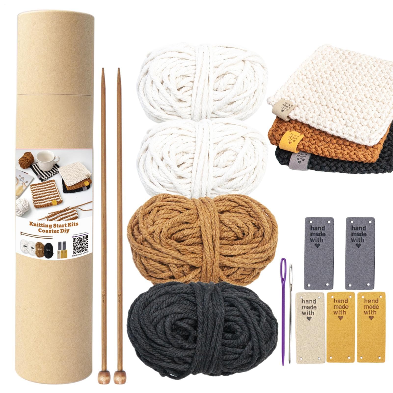 Kit Tricot Débutant - 5 Sous-Verres DIY En Corde De Coton - Aiguilles, Fil, Instructions - Activité Relaxante