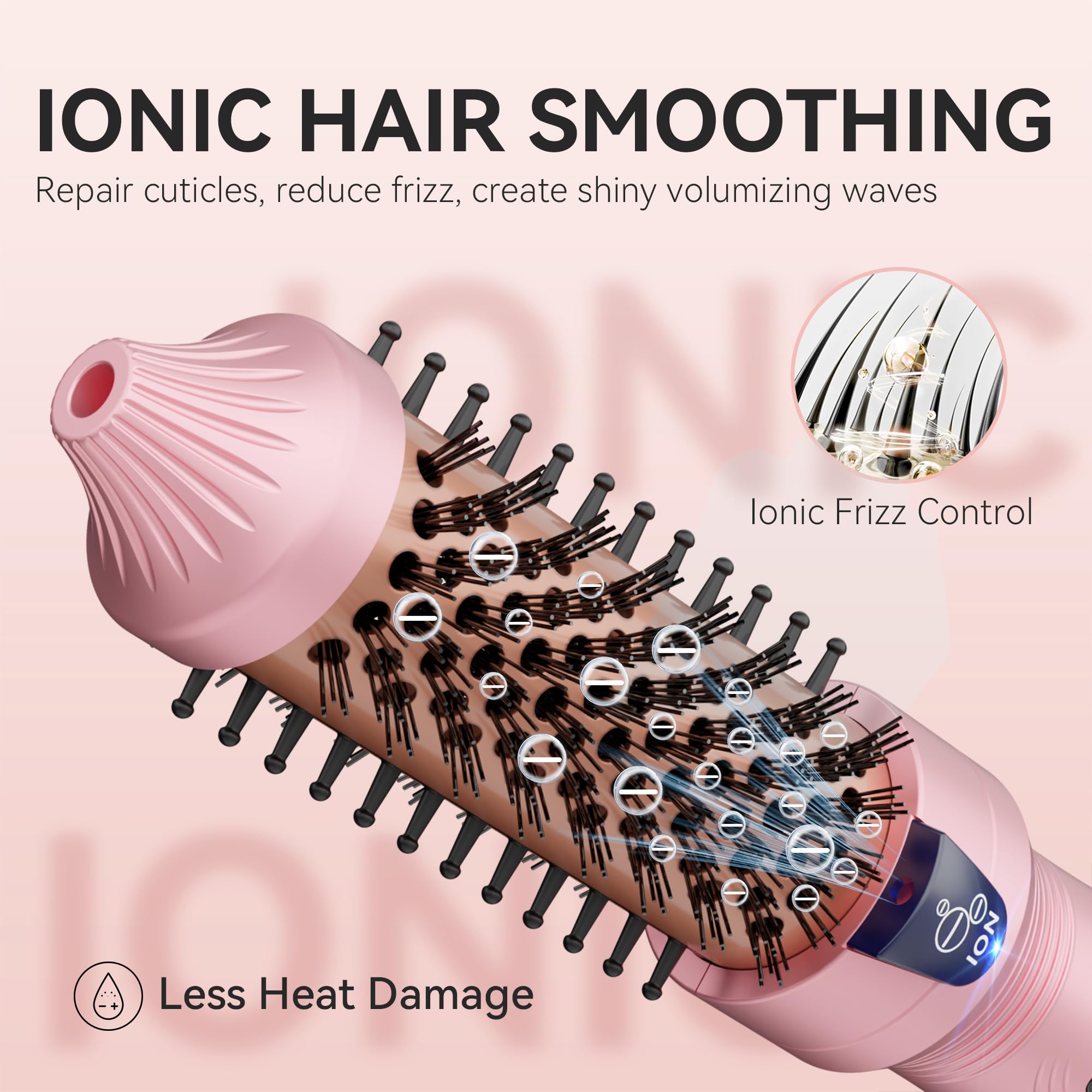 Thermal Brush, 27 mm Cepillo térmico Brushing, Mini cepillo calefactor, Rizador iónico de turmalina cerámica para pelo corto a medio largo, temperatura ajustable, doble tensión, rosa