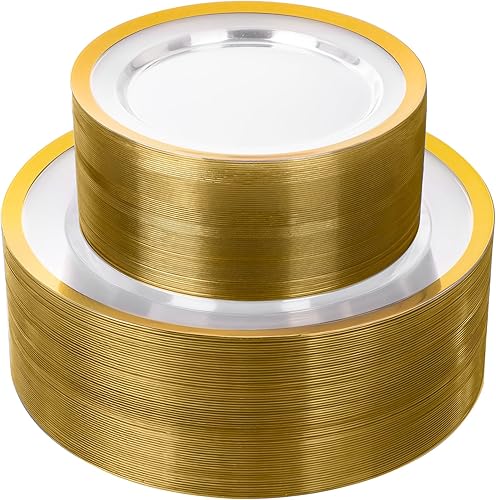 Miniatura 8 de supernal 120 platos de plástico negros y dorados, desechables, elegantes platos de fiesta, vajilla de plástico dorado resistente con tamaño de cena