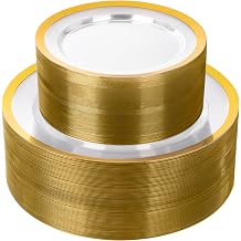 supernal 120 Pcs Clear Gold Plastic Plates, Party Disposable Dinnerware Set | Includes 60 Dinner 10.25" & 60 Dessert 7.5" Clear Plates with Gold Rim, Heavy Duty Plastic Dinnerware for Wedding