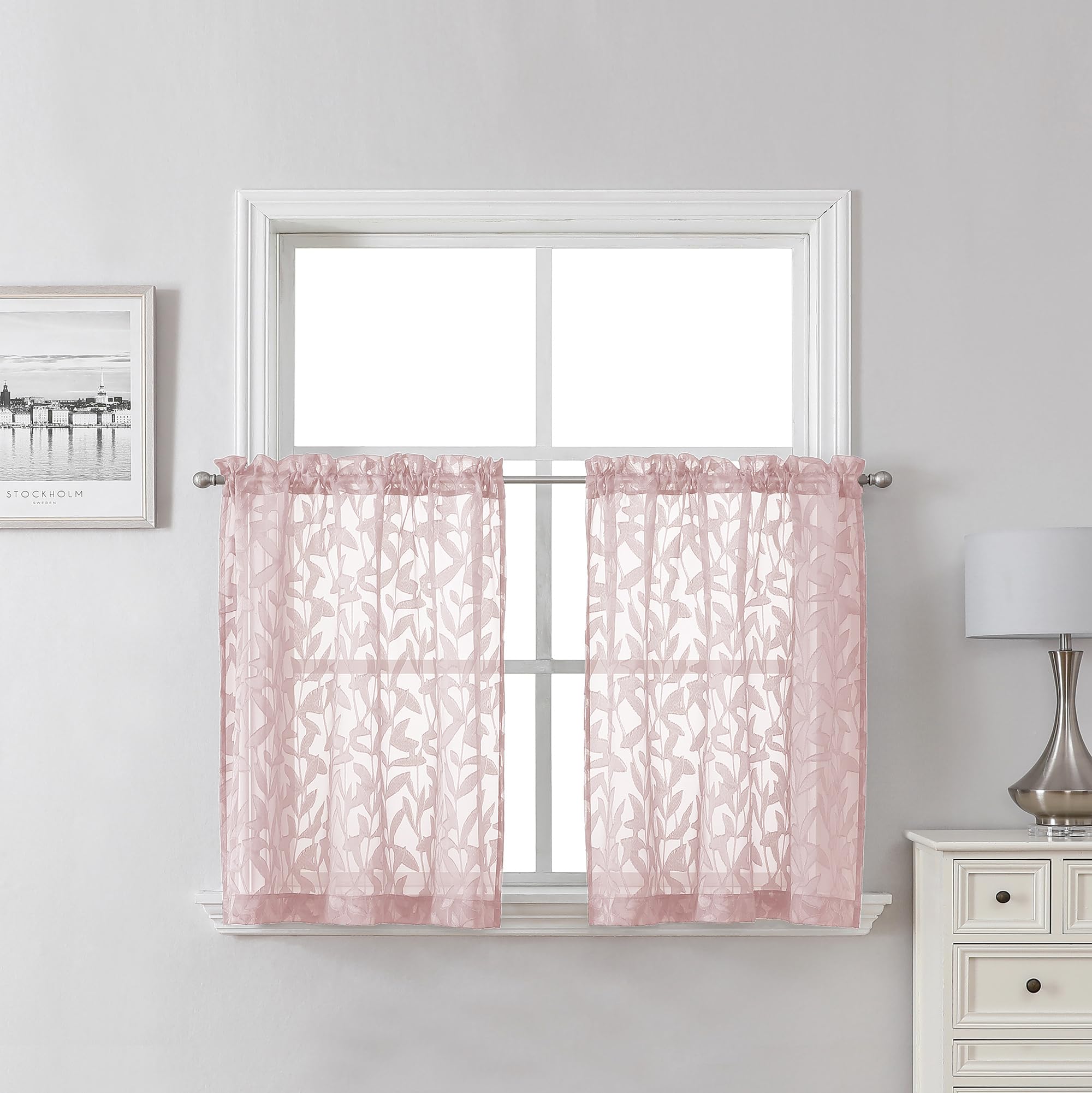 Lecloud Leia 24 Inch Valance Pink Sheer Curtains Tiers for Kitchen 2 Pieces, Clip Textured Leaf Voile Blush Curtain Valances for Windows, Dual Rod Pocket Living Room Bedroom Short Drapes, 38x24 Inches