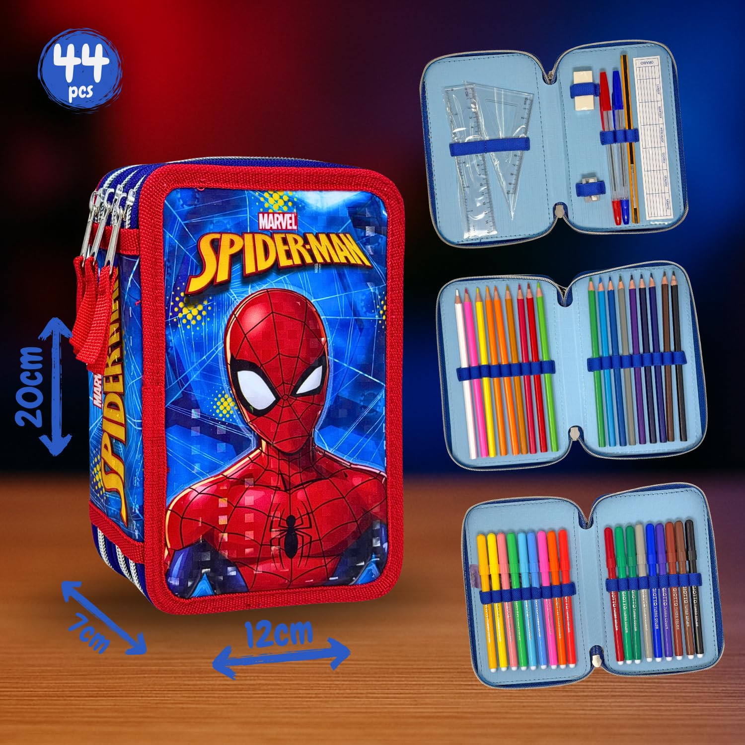 Clondo Trousse 3D à 3 Compartiments pour Enfants, pour Spiderman Fans B, Triplement Garnie, 44 Accessoires pour l'École Primaire, 3 Fermetures Éclair, 20 cm, Crayons