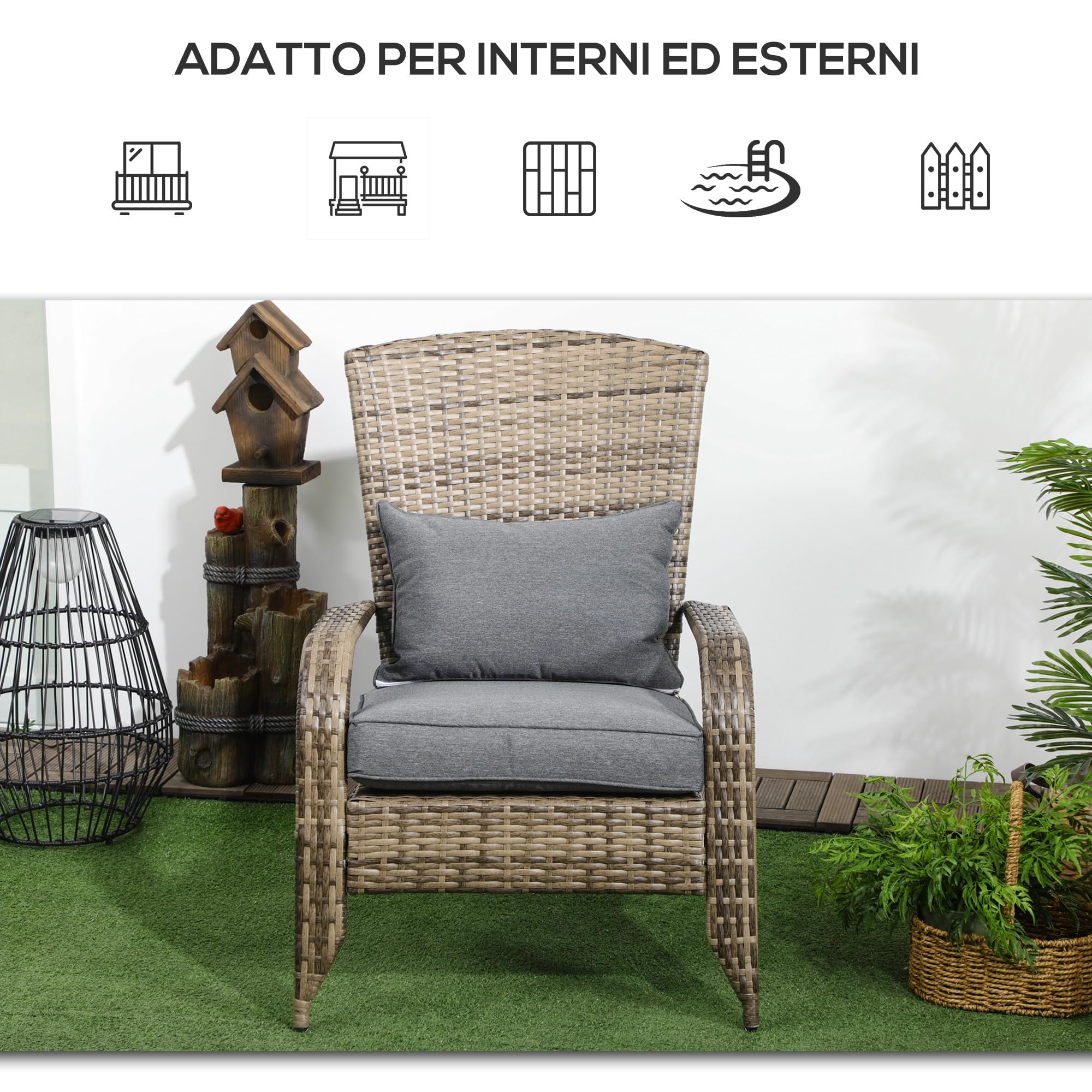 Outsunny Adironrack Silla de jardín con reposabrazos y Cojines, Silla de ratán y Acero para Interior y Exterior, 64x80x90 cm, Mezcla de marrón y Gris Oscuro