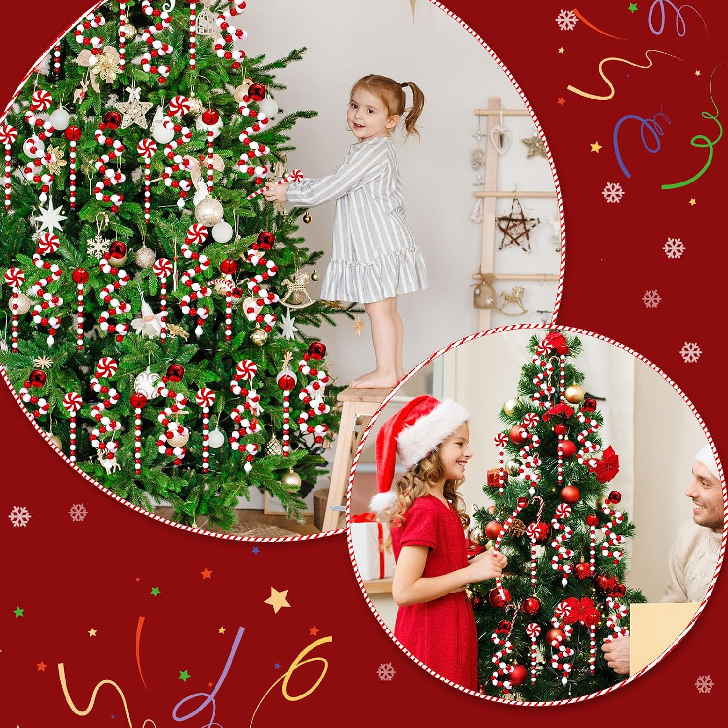 Liliful 40 Pcs Christmas Candy Cane Hanging Ornament Christmas Tree Curly Picks Twisted Lollipop Peppermint Strips and Bells Strips Candy Cane Decor for Xmas Tree Topper Party(Red, White)