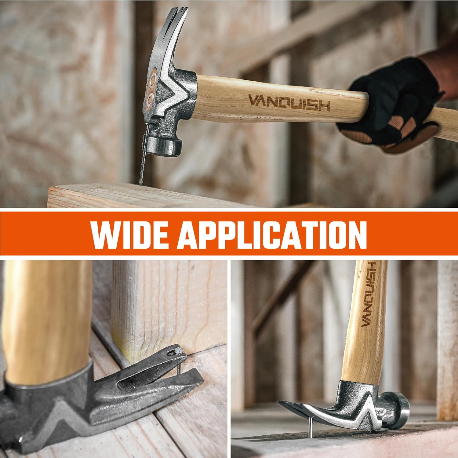 VANQUISH Framing Hammer 19oz Curved Hickory Handle Straight Rip Claw with Smooth Face & Shock Reduction Grip, Claw Hammer with Magnetic Nail Holder, 0625