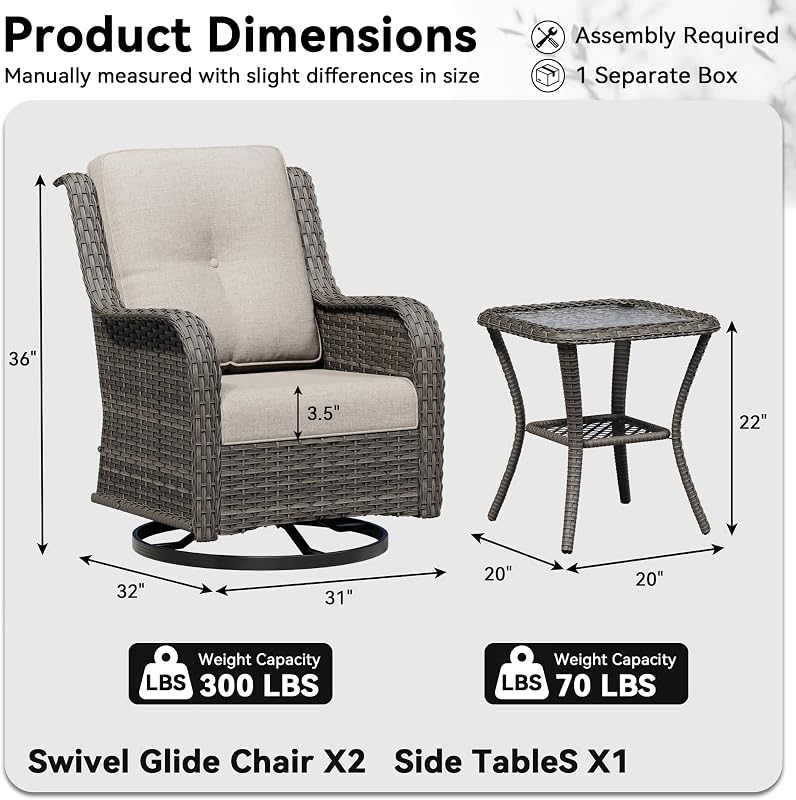 Gardenbee 3 Piece Outdoor Wicker Patio Furniture Set, Swivel Rocker Patio Chairs Set with Thickened Olefin Cushions, High Back and Deep Seating, Hand-Woven PE Rattan for Porch, Deck image 2
