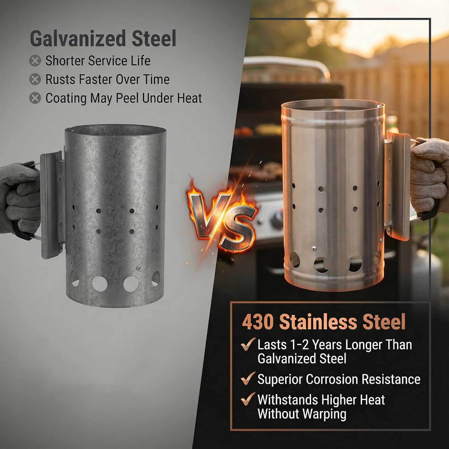 Charcoal Chimney Starter, BBQ Grill Quick Rapid Fire Starter Chimney for Outdoor Barbecue Cooking Camping, Sturdy and Easy to Use, Stainless Steel（10.62" x 6.3"）