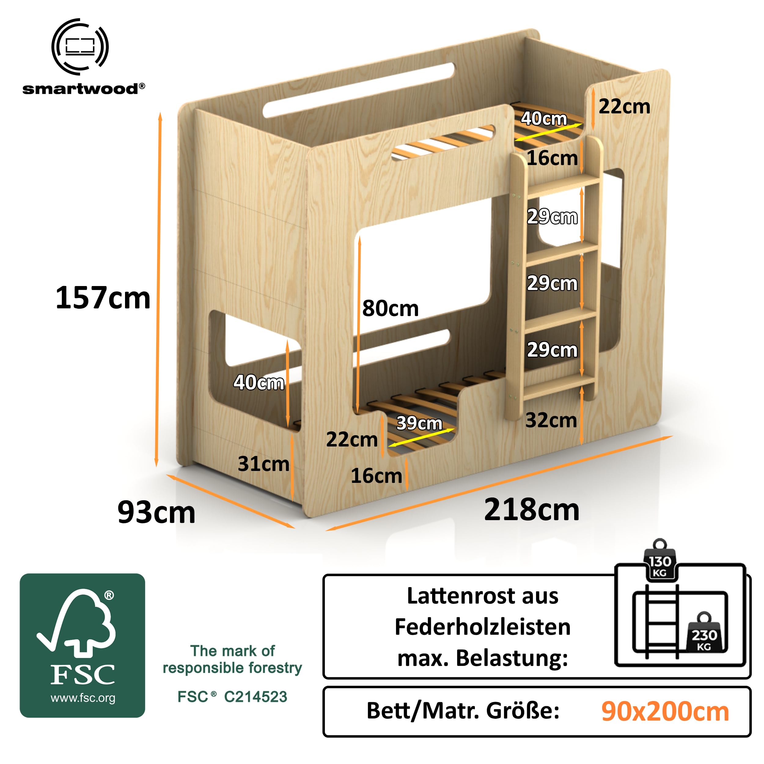smartwood Etagenbett 90x200 cm mit Rausfallschutz, Holz, Mimi B | Stockbett für 2 Kinder, Lattenrost: unterer bis 230kg; oberer bis 130kg, FSC Kiefernsperrholz, abgerundete Kanten, ab 3 Jahre