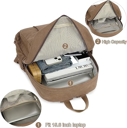 Miniatura 7 de AUGUR Mochila para laptop para mujer, bolsa de lona, mochila vintage de viaje pequeña, mochila retro casual, mochila de trabajo, Café, Retro