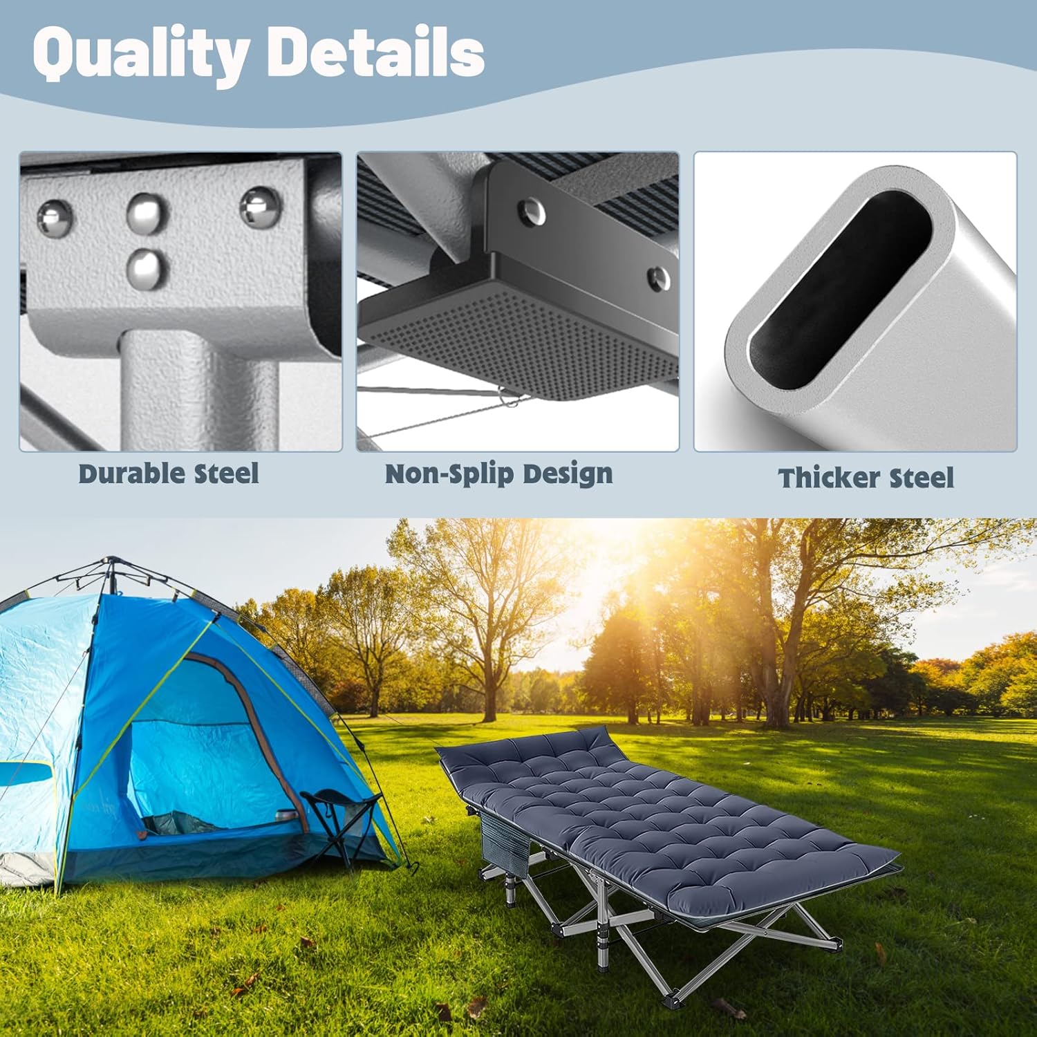 Portable Folding Camping Cot for Adults with Mattress, Lightweight Camp Bed with Carry Bag for Outdoor Travel, Hiking, Beach, and Camping Adventures