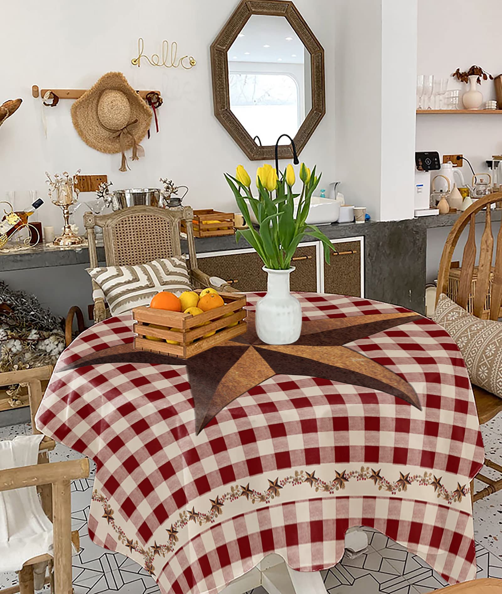 Tablecloth for Round/Square Tables 54 x 54 Inch Rustic Texas Western Star Berries Red Buffalo Plaid Fabric Table Cover Waterproof Washable Table Cloth for Dinning Wedding Party Outdoor Decorative