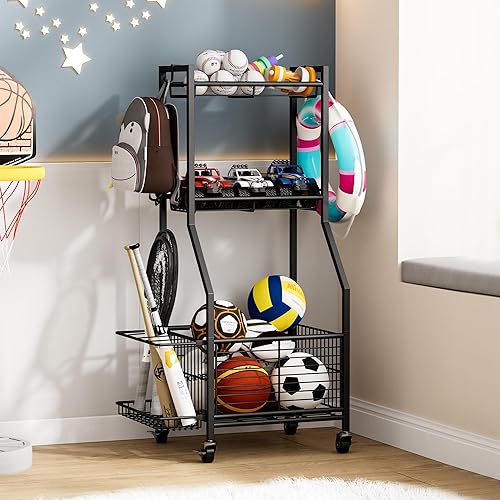 Equipo deportivo y estante de almacenamiento de juguetes con ruedas, organizador de bolas de 3 niveles para bolas, raquetas y equipo deportivo, gran