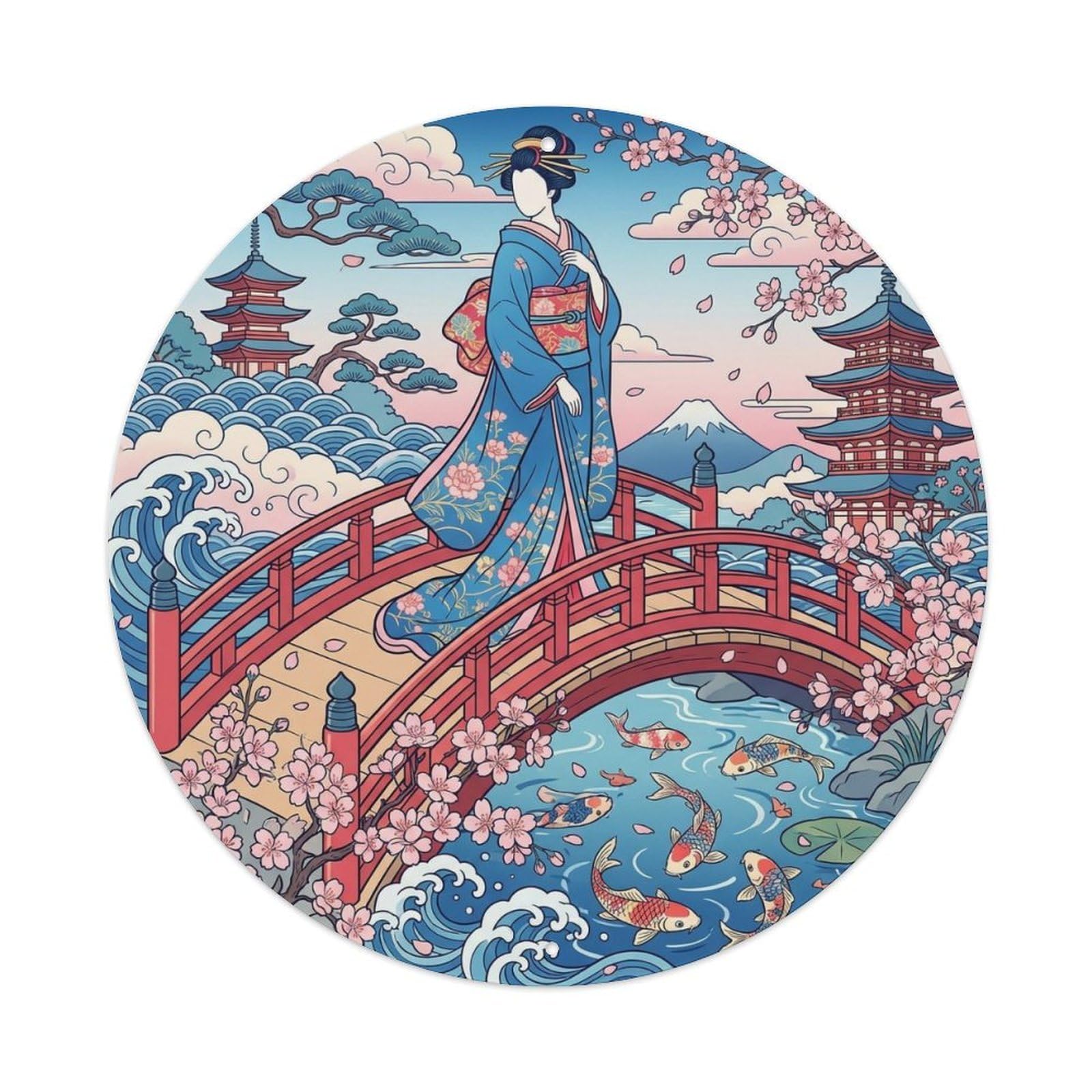 Yrnq 8X8inch Vintage Style Japanese Kimono Lady Bridge Walking Nostalgic Motif Metal Tin Sign