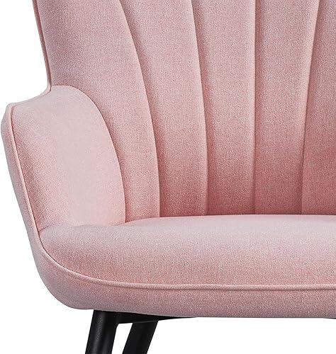 Miniatura 50 de Yaheetech Silla decorativa, sillón moderno y elegante, silla de tocador de tela de lino con patas de metal y respaldo alto para sala de estar,