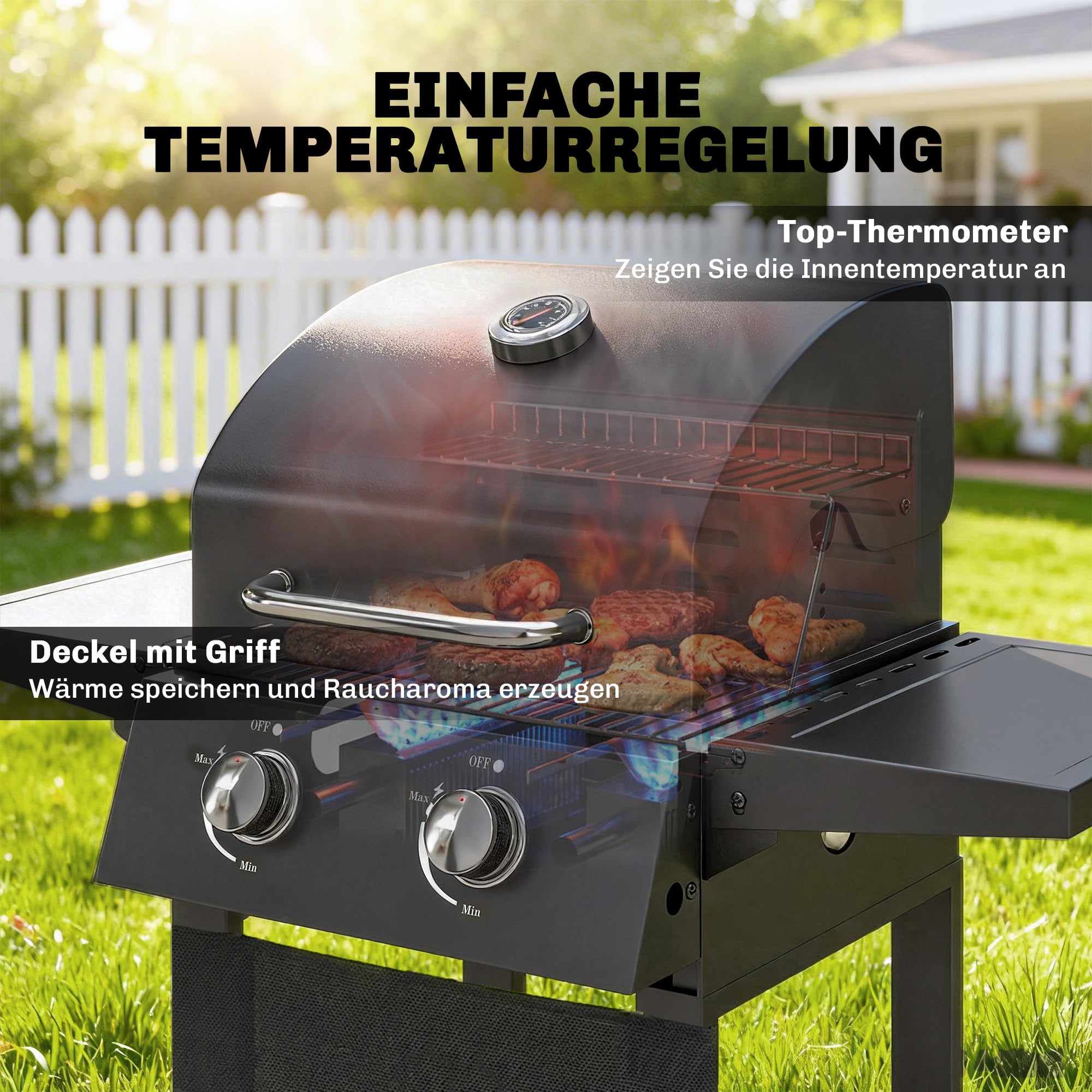 Outsunny Gasgrill 5,4 KW 2 Brenner Stahl BBQ Grillwagen inkl klappbar Seitentisch Thermometer verchromter Grillrost Warmhalterost Rolle Unterschrank, Gas-Grill für Balkon Party BBQ Schwarz