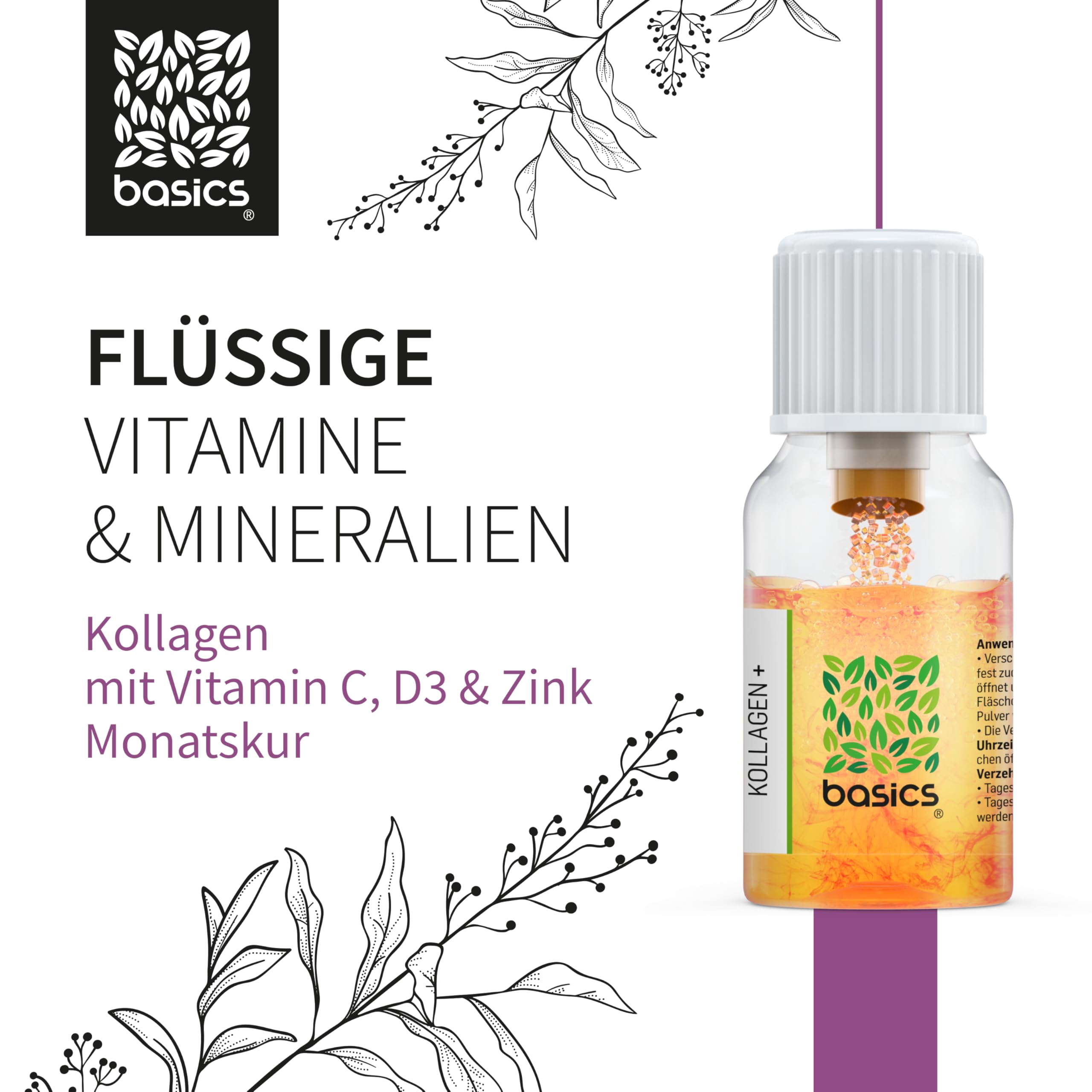 basics Kollagen + mit hochdosiertem Kollagen Hydrolysat, Vitamin C, D3, Biotin und Zink - für den Erhalt von schöner Haut, Haar und Nägeln - 30 Trinkflaschen - 10ml pro Tagesdosis (2er Pack)